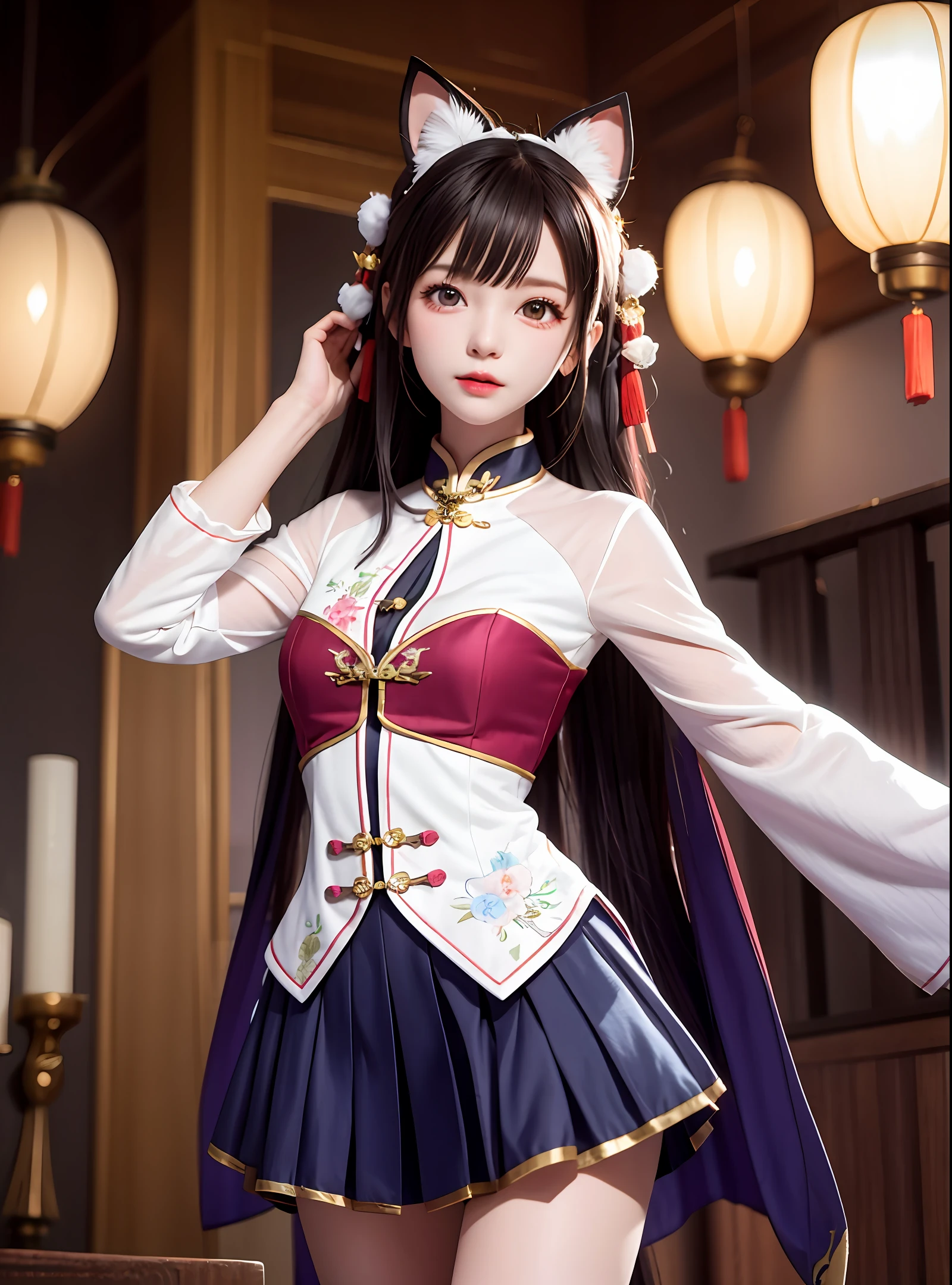 long whitr hair，whaite hair，Dynamic hair，red-white qipao，hair tying，【cat ear】，Skirt decoration，thigh band，Purple eye，red elbow gloves，Porcelain skirt，tmasterpiece，（photorealestic，dalcefo，sakimistyle：1.1） ，（the night，dark chamber：1.2），动态照明，room lighting，Throne Room，[[[lanterns]]]，Chinese architecture，Chinese decoration，，Pilyeon，eyeslashes（staredown，irate，cparted lips：0.6），[self-assured，aroused，，[from below，sitted]，(ulzzang-6500:0.2)