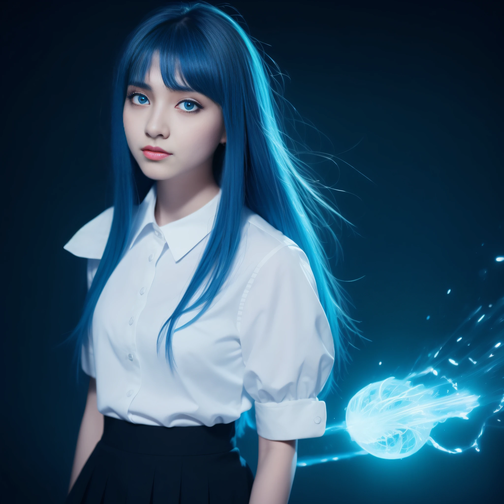 ((masterpiece)),(best quality),(detailed),(1girl),  blue hair, blue glowing eyes, white shirt, black skirt, looking at the viewer
