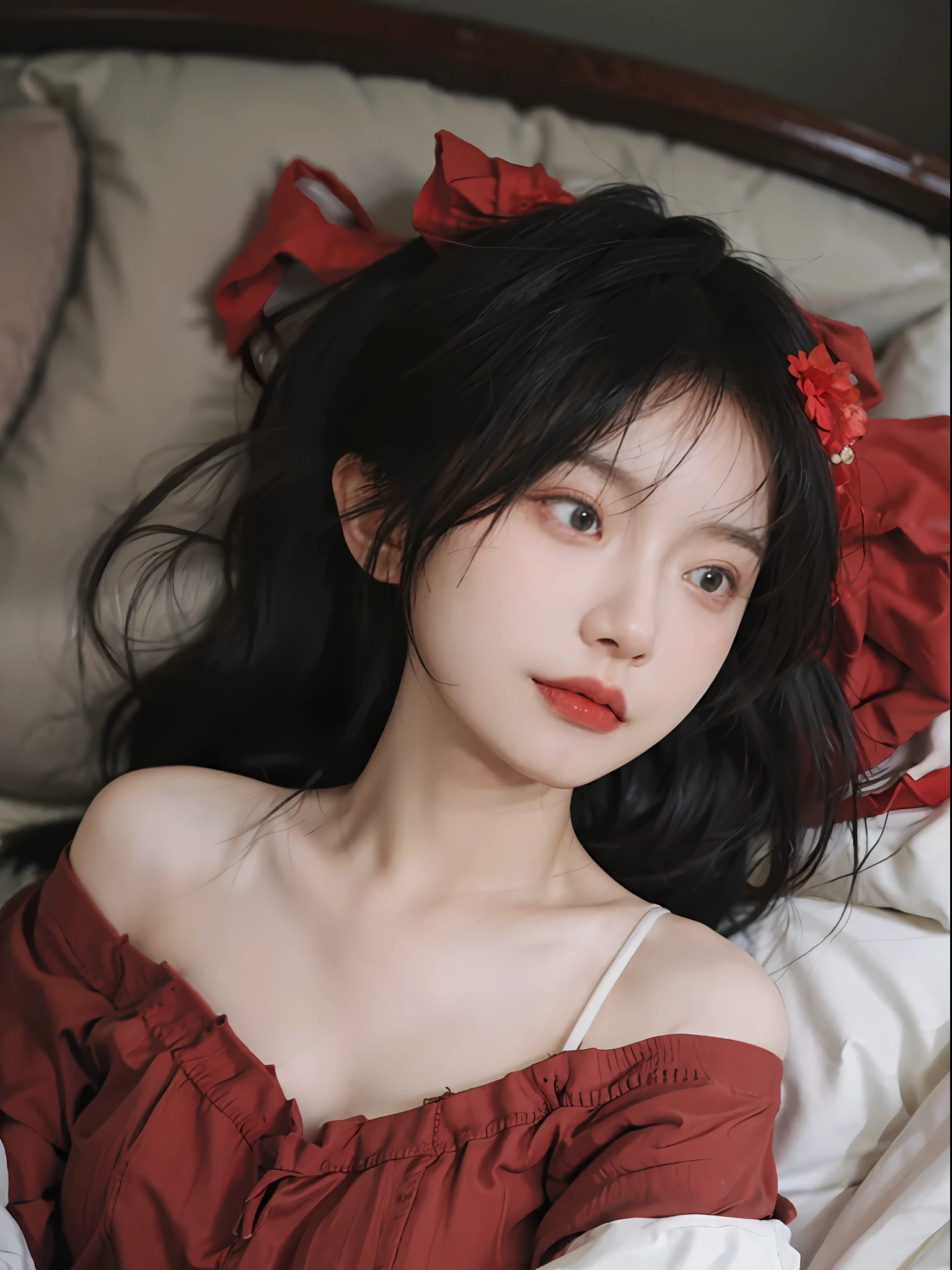 best qualtiy,tmasterpiece,超高分辨率,(true to life:1.4),1girll,Raised sexy,(Red off-the-shoulder dress:1.9),Red off-the-shoulder dress,(red colour),(Black shorts:1.9),(pony tails:1.9),(red headgear:1.9)(natta:1.9), (natta),Glowing skin,A detailed eye, 二重まぶた,White skin of the,Sleeping on the Bed,(Charming sleeping position:1.9), Upper body photo