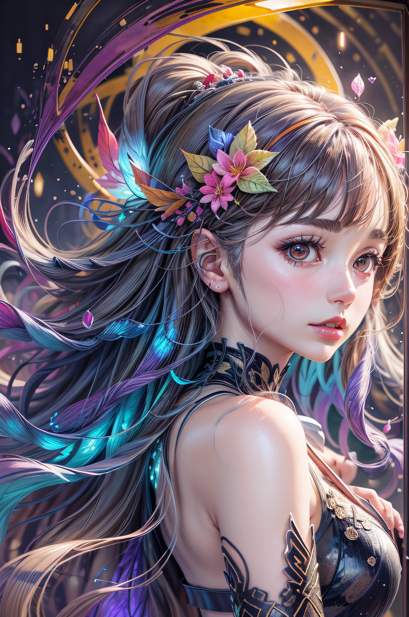 Beautiful girl story wrapped in love, Beautiful eye details, A captivating anime girl gracefully emerges from the pages of a watercolor painting, Her vivid and complex colors are, Bring your artwork to life, (see-through transparent clothes, transparent costume:1.5), She dons an extraordinary fantasy costume adorned with delicate details, reflecting the enchanting world she inhabits, Luminescent elements, like glowing crystals and ethereal wisps, surround her, casting a soft, otherworldly glow, The style of watercolor painting is、Imbues the image with a sense of fluidity and delicacy, as if the colors are effortlessly blending and bleeding into one another, Camera shot: medium shot, Soft Focus, luminescent glow Lighting, watercolor brushstrokes, Sophisticated and very delicate anime illustration, unique colors, Portrait of an anime girl, infinite love, rainbow-colored, beautiful girl illuminated by seven colors of light,