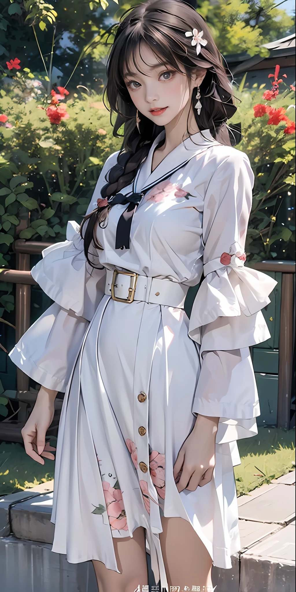 (optimum,tmasterpiece,High picture quality,)There was a girl in pleated flocks and white sailor suits, clubs,oriental architecture ray tracing,best qualtiy,light particules,Extremely detailed 8k wallpaper,A detailed eye,busty figure,intricately details,Cold white skin,(Carefully portray blush),Soft cute,Messy beauty,The skin is shiny and silky,beautidful eyes,Peach blossom eyes,An extremely delicate and beautiful girl,The upper part of the body,