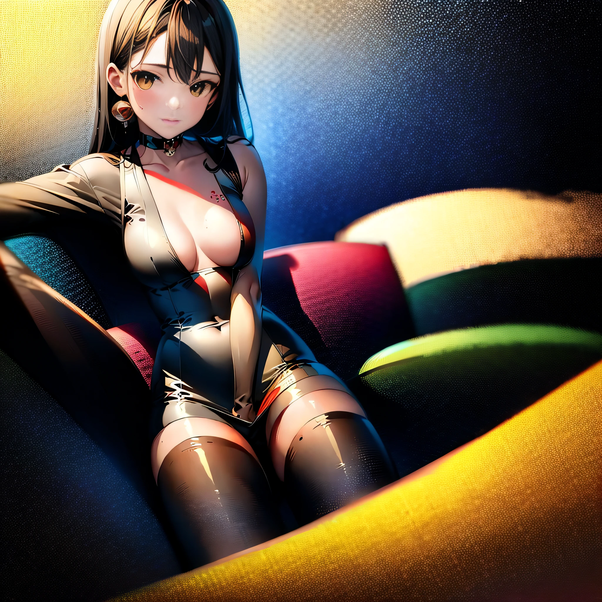 On the sofa sat a girl in red lace underwear, Black suspender stockings on both legs, E cup, red high heel pumps,No coats,golden hair,chest tattoo, flower tattoo, cleavage, Middle chest, Thighs,Bandages, bandaged leg,Short kimono, bare shoulders, Genshin