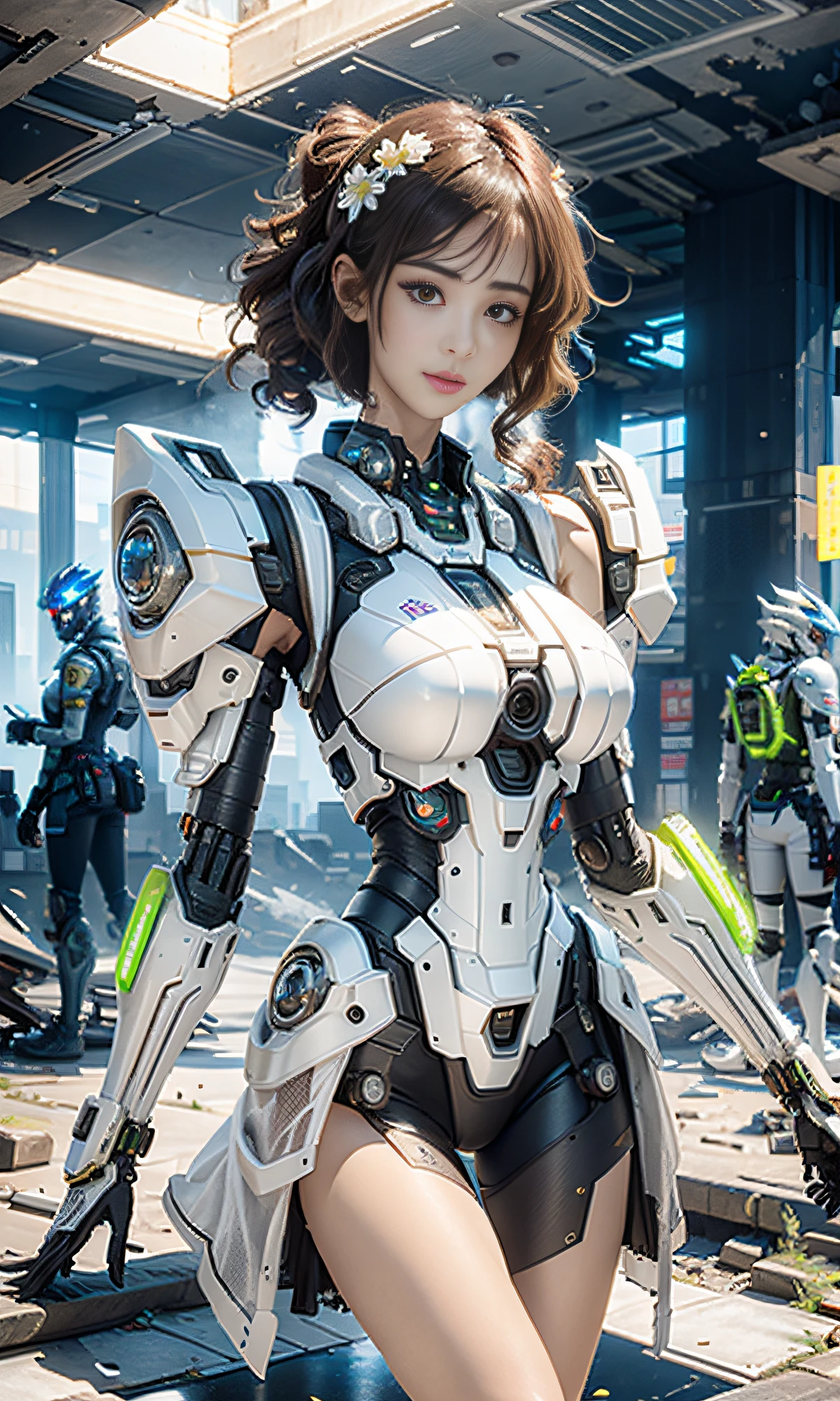 ((Best quality)), ((masterpiece)), (highly detailed:1.3), 3D,Shitu-mecha, beautiful cyberpunk women with her mecha in the ruins of city from a forgoten war, ancient technology,HDR (High Dynamic Range),Ray Tracing,NVIDIA RTX,Super-Resolution,Unreal 5,Subsurface scattering,PBR Texturing,Post-processing,Anisotropic Filtering,Depth-of-field,Maximum clarity and sharpness,Multi-layered textures,Albedo and Specular maps,Surface shading,Accurate simulation of light-material interaction,Perfect proportions,Octane Render,Two-tone lighting,Low ISO,White balance,Rule of thirds,Wide aperature,8K RAW,Efficient Sub-Pixel,sub-pixel convolution,luminescent particles,light scattering,Tyndall effect