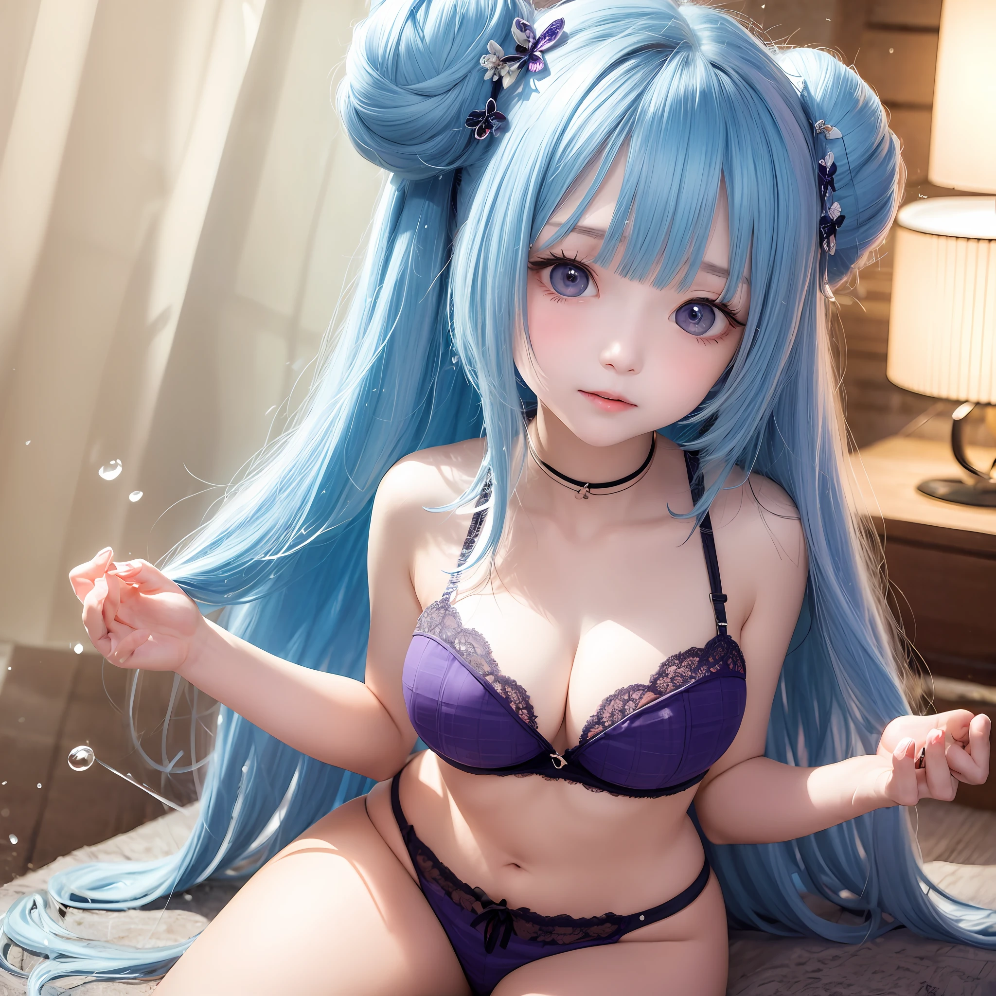 The upper part of the body、女の子1人、Blue hair、Bun hair、mansion、Purple Eye、Gorgeous plaid bra、Gorgeous Lace doll、Large breasts、Chest emphasis、Japan anime-style odd-eye, rain falling