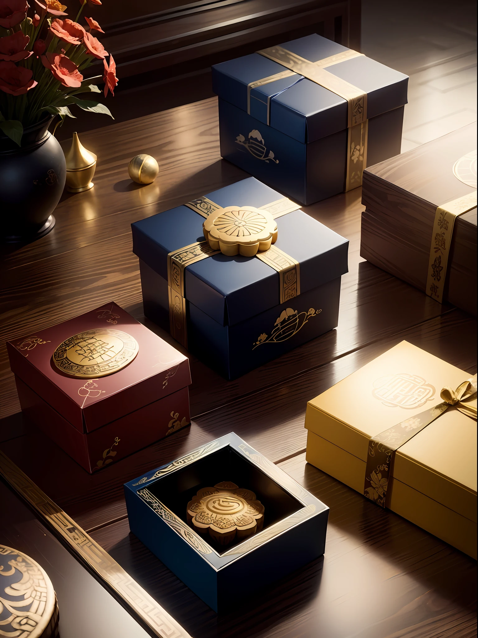 Mooncake gift box, Chinese style packaging, Blue and gold are the main colors, Homesickness theme, On a quaint wooden table, Moonlight shines on it, cinematic lighting, Sony FE GM, UHD --auto