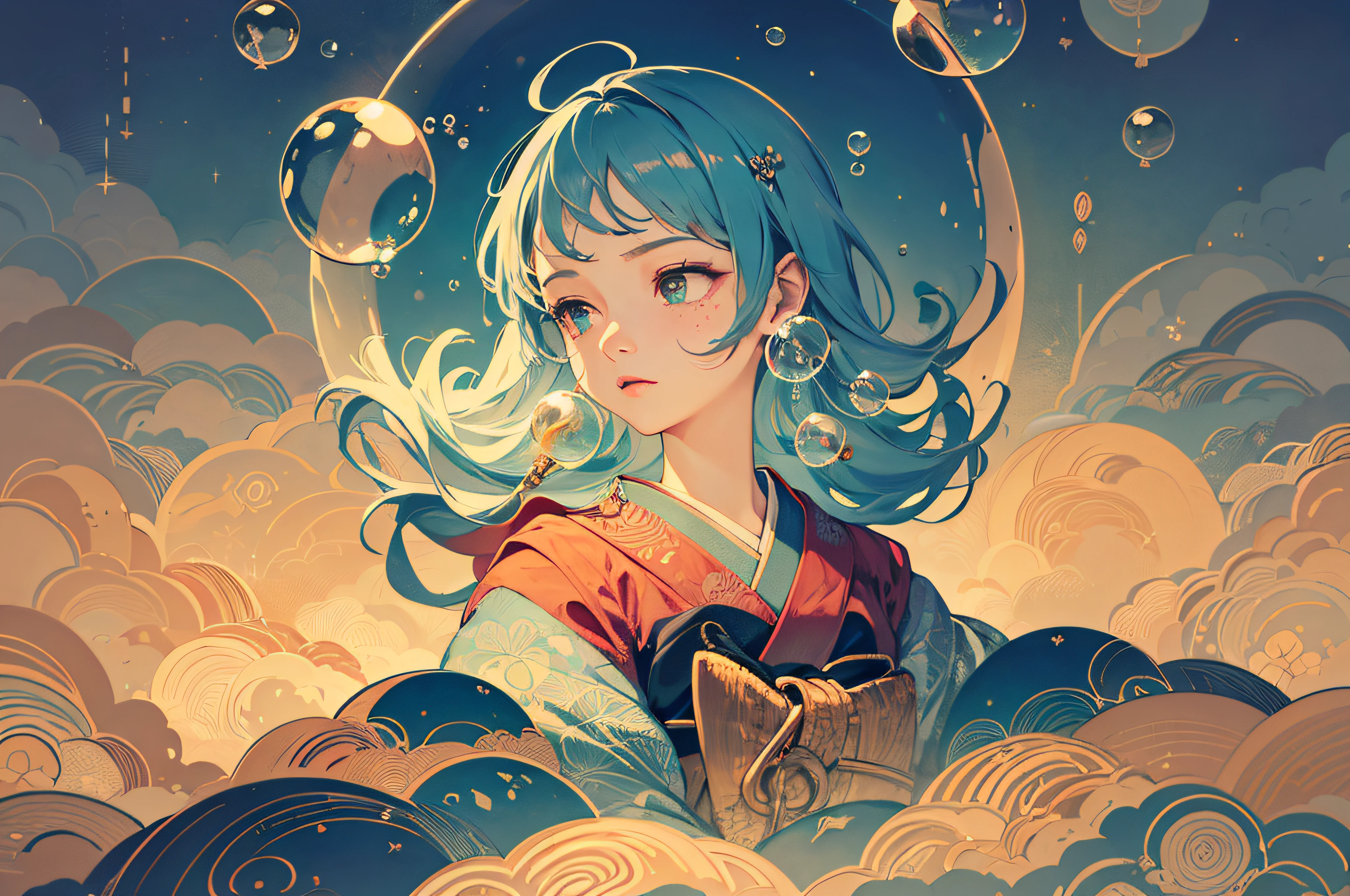 ((tmasterpiece)), ((ultra - detailed)), ((best qualtiy)), 美丽细致的眼睛, 详细的脸, The best lighting, The best shadow, 1 frontal half-length girl, orange color hair,独奏, ((Classic Disney style, edge lit, Flat 2D style, Disney 2D)), ((The main colors are orange and green)), Huge bubbles, (The girl inside the bubble:1.5), Bubble Island, Bubbleland, A world made of bubbles, freckle, Cold nose, (((Buble))), Marbles, japanese inspired, (highly detailed), Whirlpool effect,A3,
