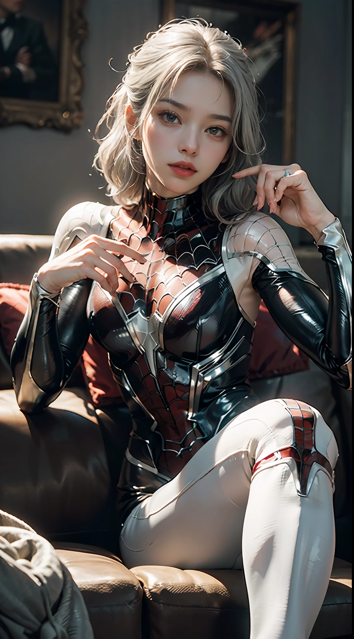 (CG Unity 8K wallpaper in extreme detail,tmasterpiece,Highest image quality),(Delicate light and shadow,The picture is highly dramatic,Cinematic lens effect),A girl in a white Spider-Man costume,Silver-gray hair color,From the Spider-Man parallel universe,Wenger,Marvel,Spidey,sitting in the couch,dynamicposes),(Exceptional detail,The lighting effect is outstanding,Vista wide angle),(Excellent rendering,Enough to stand out from the crowd),The focus is on the white Spider-Man costume,Complex spider texture without clothes