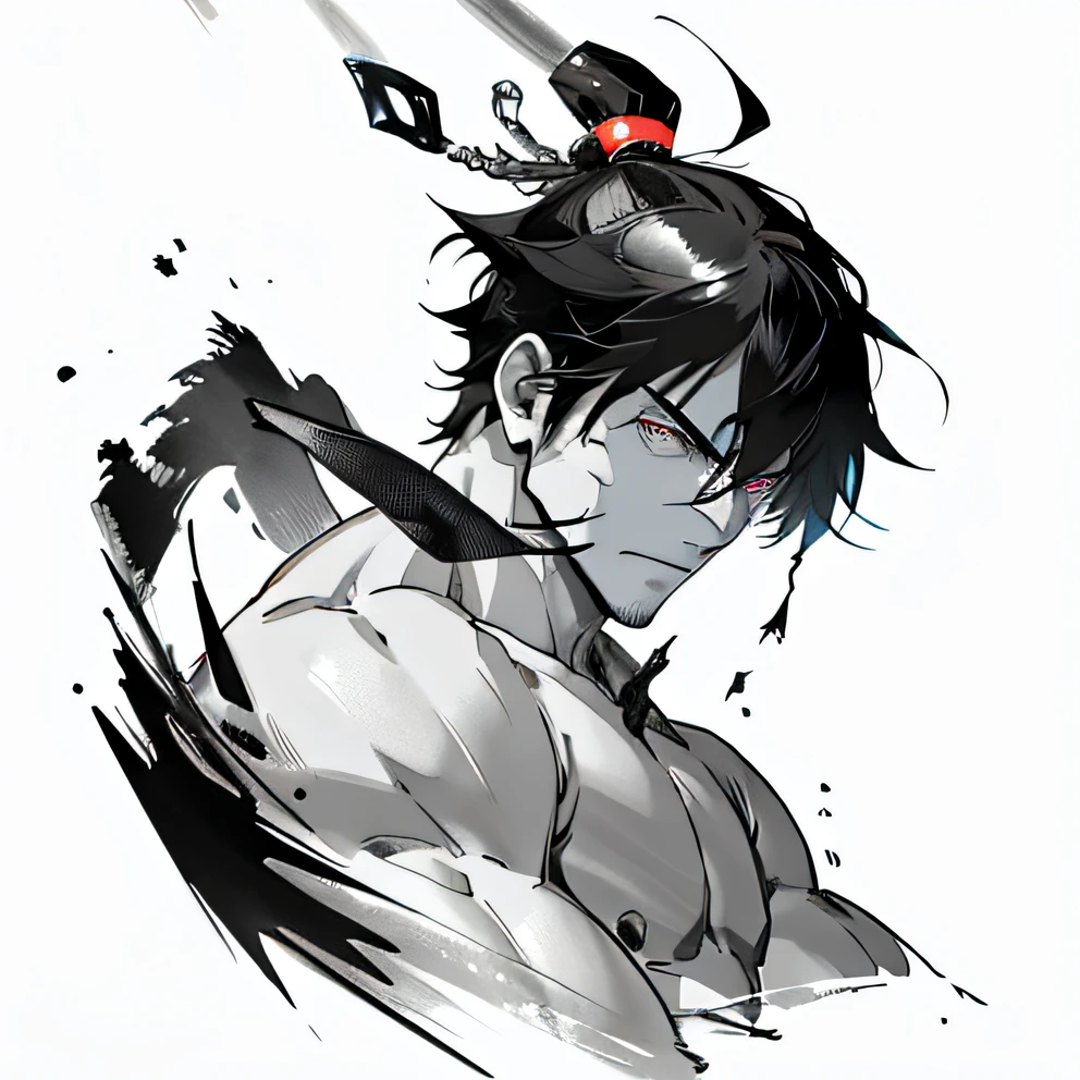 (tmasterpiece,best qualtiy) , 1人, musculous, Fine eyes, The upper part of the body, looking at viewert, Ink sketching, toppless, (perforate), (spatter, abstract backgrounds), hight contrast,knight-errant