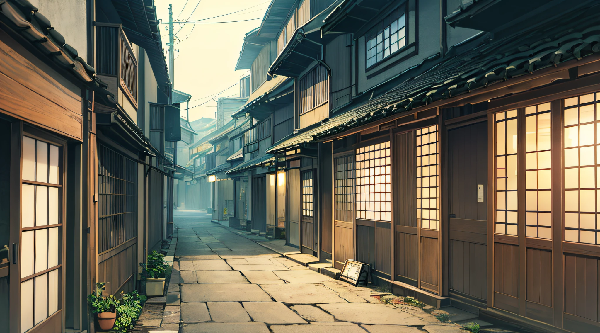 Lonely shopping street、jpn、(early evening:1.2)、((Natural lighting))、Clear focus、(longshot:1.1)、(desolate:1.2)、Studio Ghibli