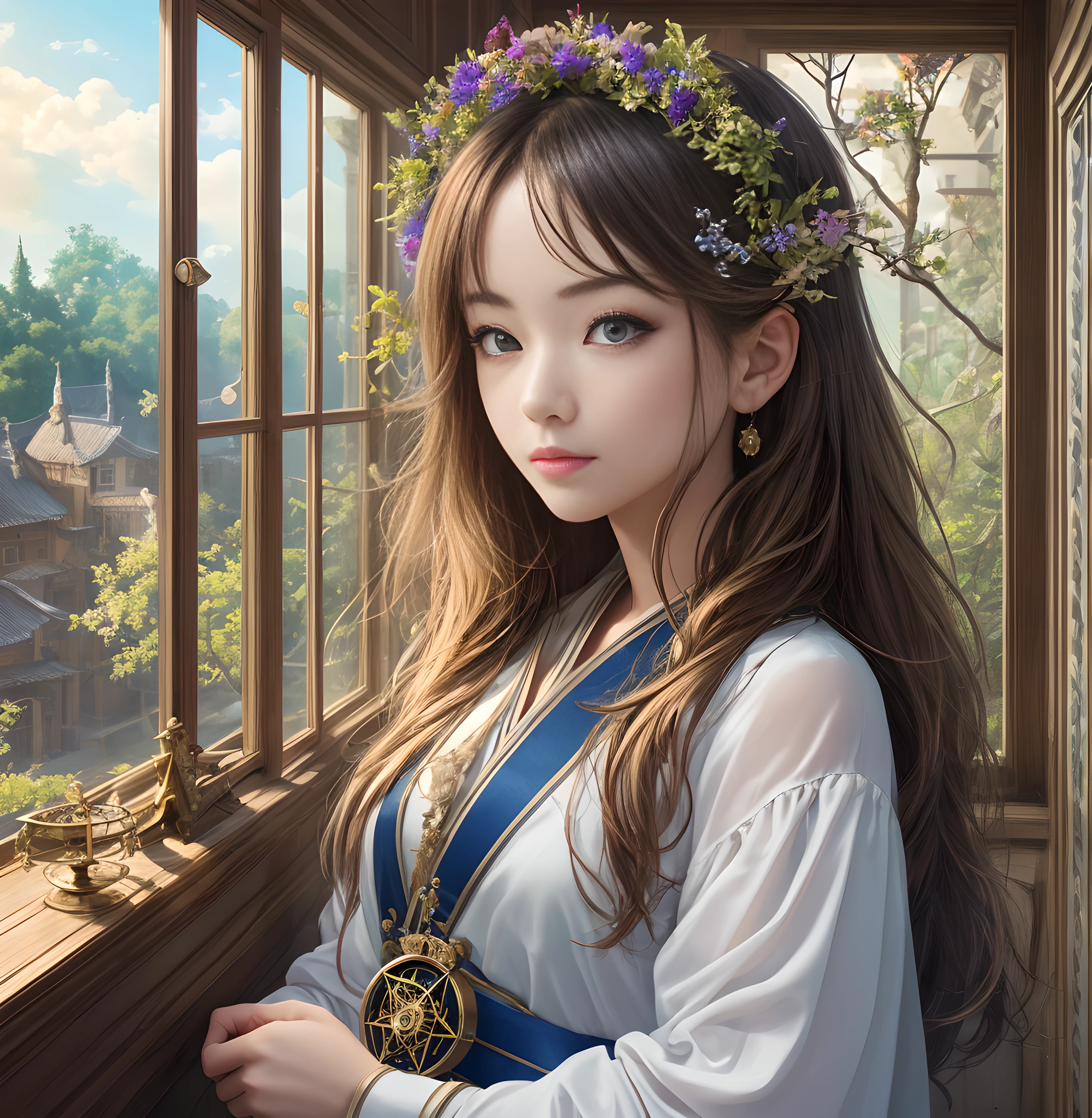 (Extremely detailed:1.3), (1girl in:1.2), (window:1.3),Indoors, (courtyard:1.3), tree,plant, Hanfu,myst,Trees, Casting spells while suspended in mid-air, (a celestial compass guiding her path), Mystical and wondrous, BREAK Utilizing a wide-angle lens to capture the expansive sky, Adding a touch of lens flare,