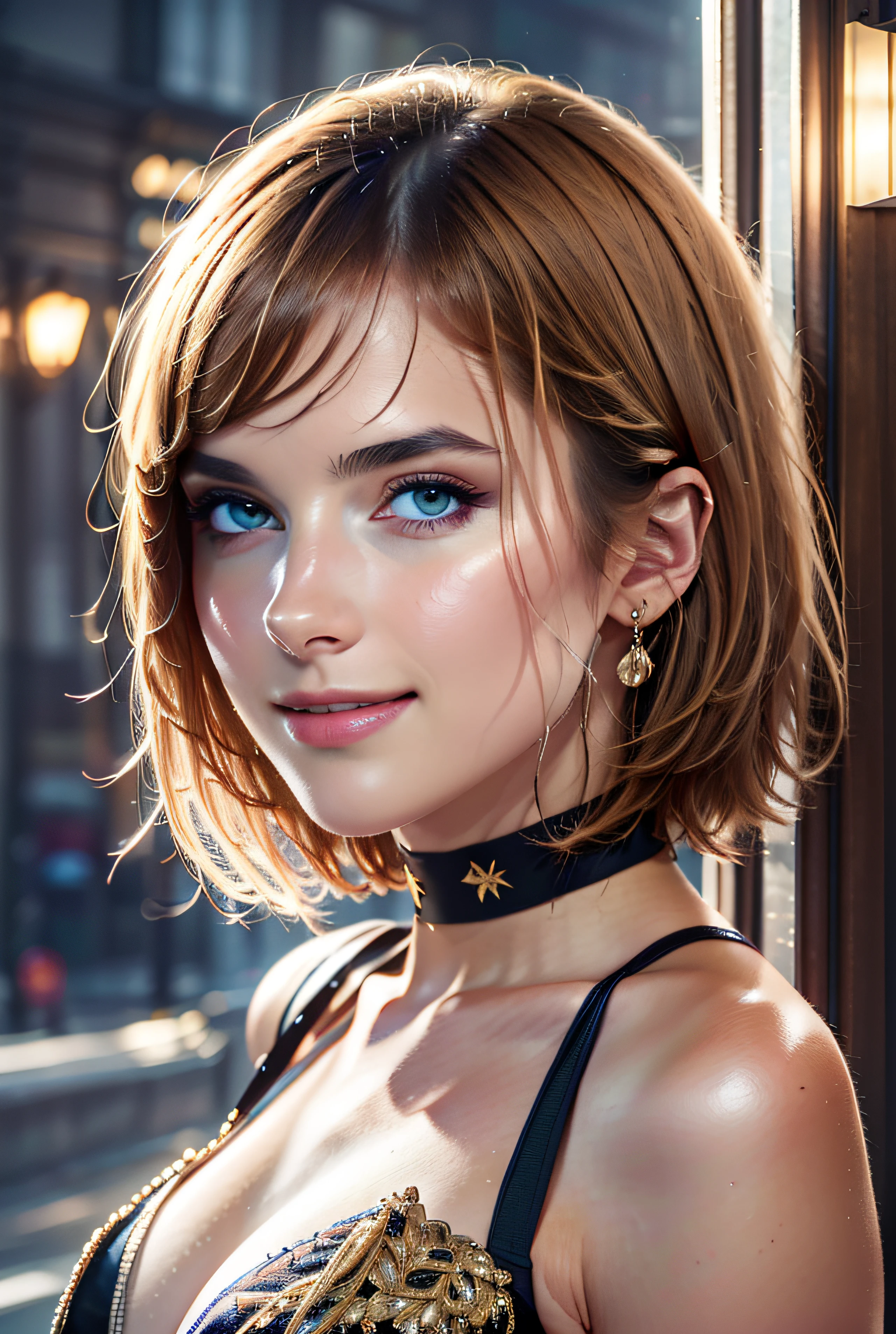 [(Hassleblad H6D-400c)], [(dreamy)],[(400 mega pixels)], (photorealistic:1.4), (RAW photo:1.2), (8k), (masterpiece:1.3), (realistic), (hyper-realistic), ultra-detailed, illustration, very_high_realistic:1.5 ,very_high_resolution:1.5, HDR, CG, unity, 8k wallpaper, Amazing ,finely detail, official art, extremely detailed CG unity 8k wallpaper, (best quality), incredibly absurdres, ultra-detailed, light on face, cinema lights, cinematic lighting, professional lighting, photon mapping, radiosity, physically-based rendering, solo focus, sharp focus, highres, extremely detailed ,extremely delicate and beautiful, intricate detail, facial muscles, beautiful detailed girl, natural makeup, extremely detailed face, looking away, 
Nova,1girl.solo,[(((smile, happy, grin, flustered)))], [(finely detailed beautiful AMBER Yellow eyes: 2), symmetrical pupils, extremely detailed pupils], lustrous skin, show Clavicle, perfect skin, (adult face:1.2), (medium_breasts:1.3), upper body,full body,from anywhere, narrow waist, Proper body proportion,perfect body, ((business attire)), [black cotton choker], [color background], city, earrings, looking to the side, blonde hair, short hair, meowstic,