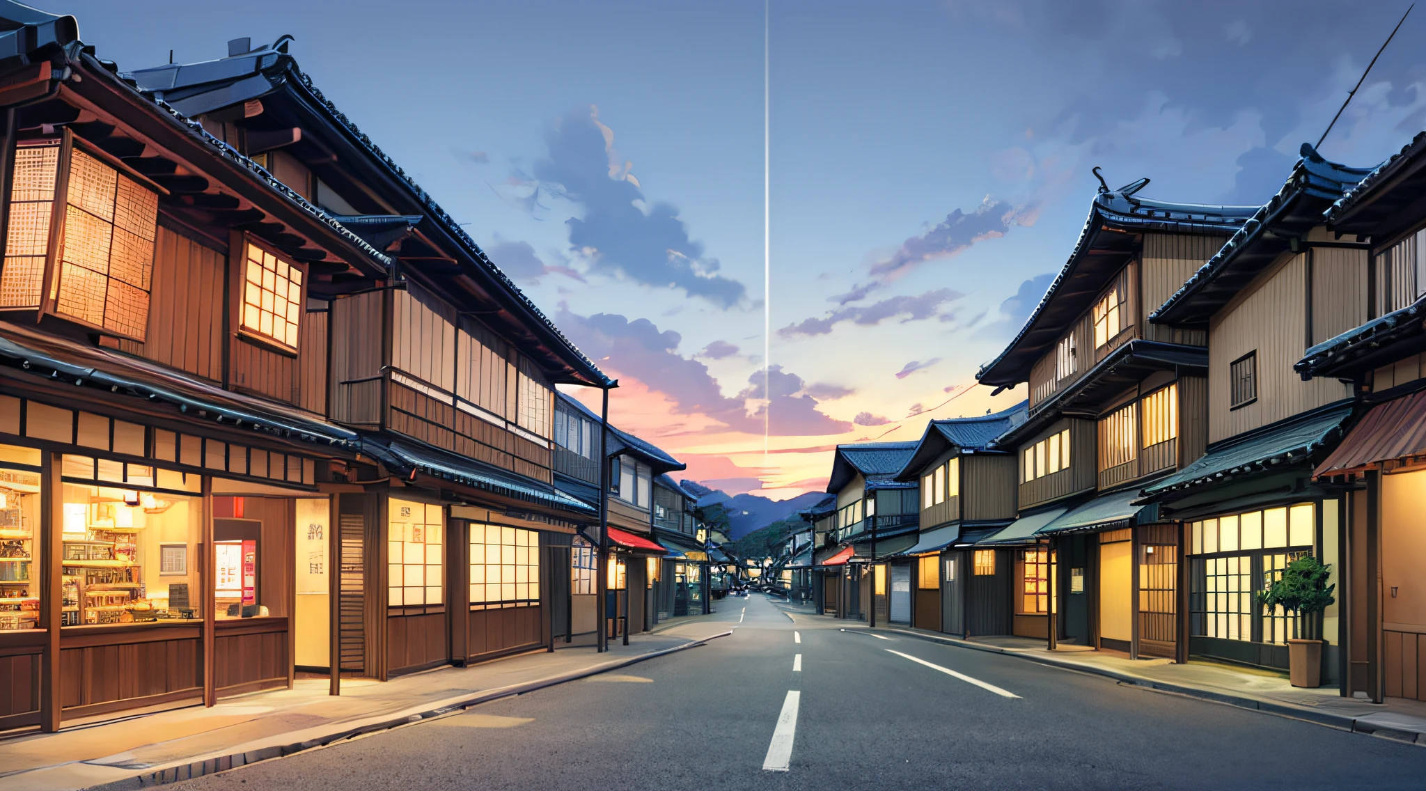 Lonely shopping street、jpn、(early evening:1.2)、((Natural lighting))、Clear focus、(longshot:1.1)、(desolate:1.2)、Studio Ghibli