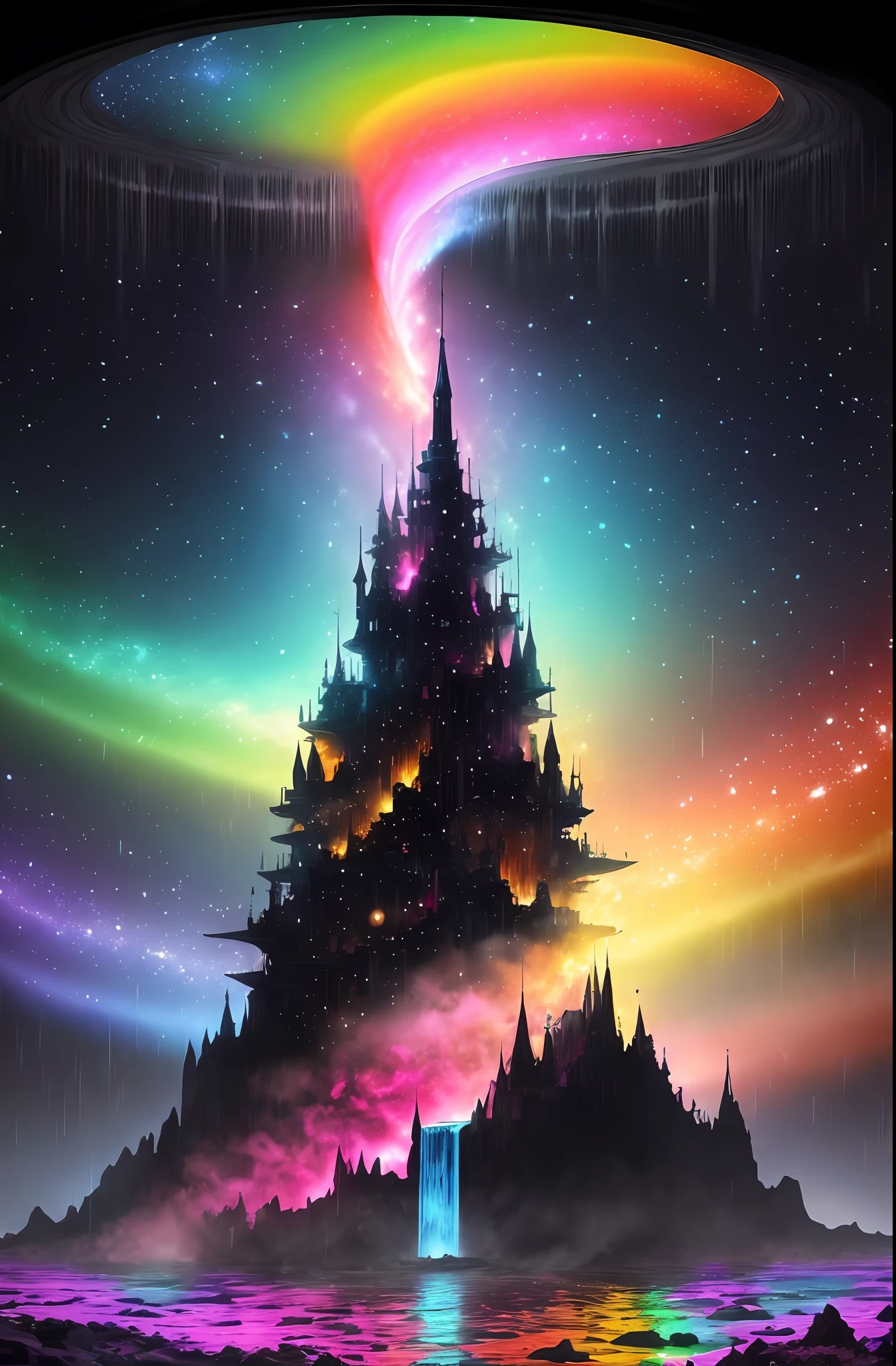 obra-prima, melhor qualidade, alta qualidade, papel de parede 8k extremamente detalhado da unidade CG, uma cena encantadora de um  homem gay e feiticeiro, com roupas de mago e poderes roxos de magia em volta dele, magic effects, The setting is a pink planet suspended in the sky, que chove chuva, A collection of galaxies inside a video aquarium with rainbow-colored water falls from the planet trickling down to Earth below.