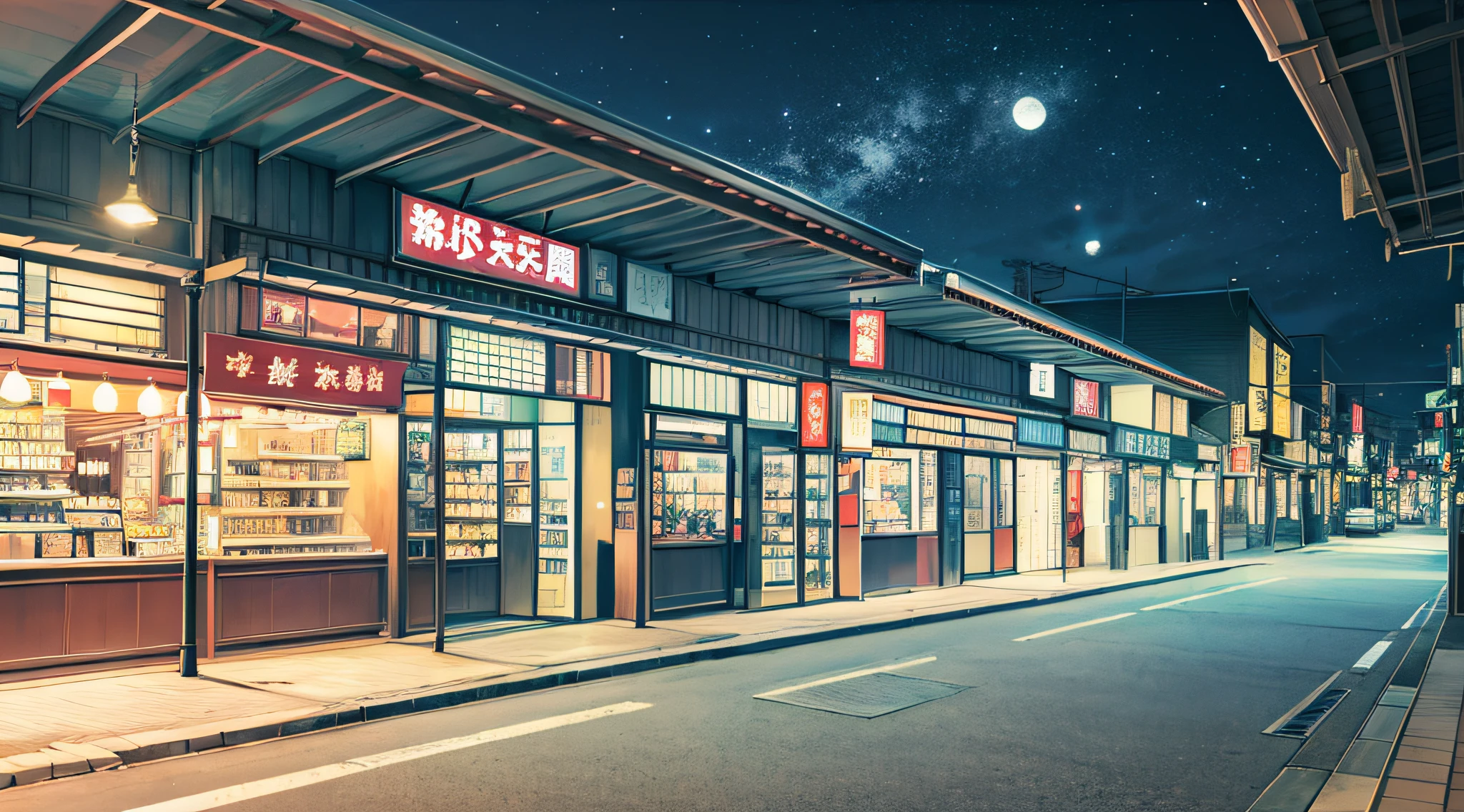 Lonely shopping street、jpn、(early evening:1.2)、((Natural lighting))、Clear focus、(longshot:1.1)、(desolate:1.2)、Studio Ghibli