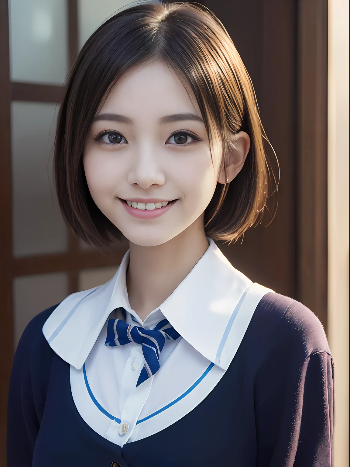 best quality, masterpiece, ultra high res, (photorealistic:1.4), RAW photo,cinematic lighting, 1 japanese girl,solo,20 years old,big breasts,(detailed beautiful face:1.5),(real skin:1.5),slender,thin legs,(big eyes:1.5),(smiling:1.3),(bob:1.5),(school uniform:1.5),
