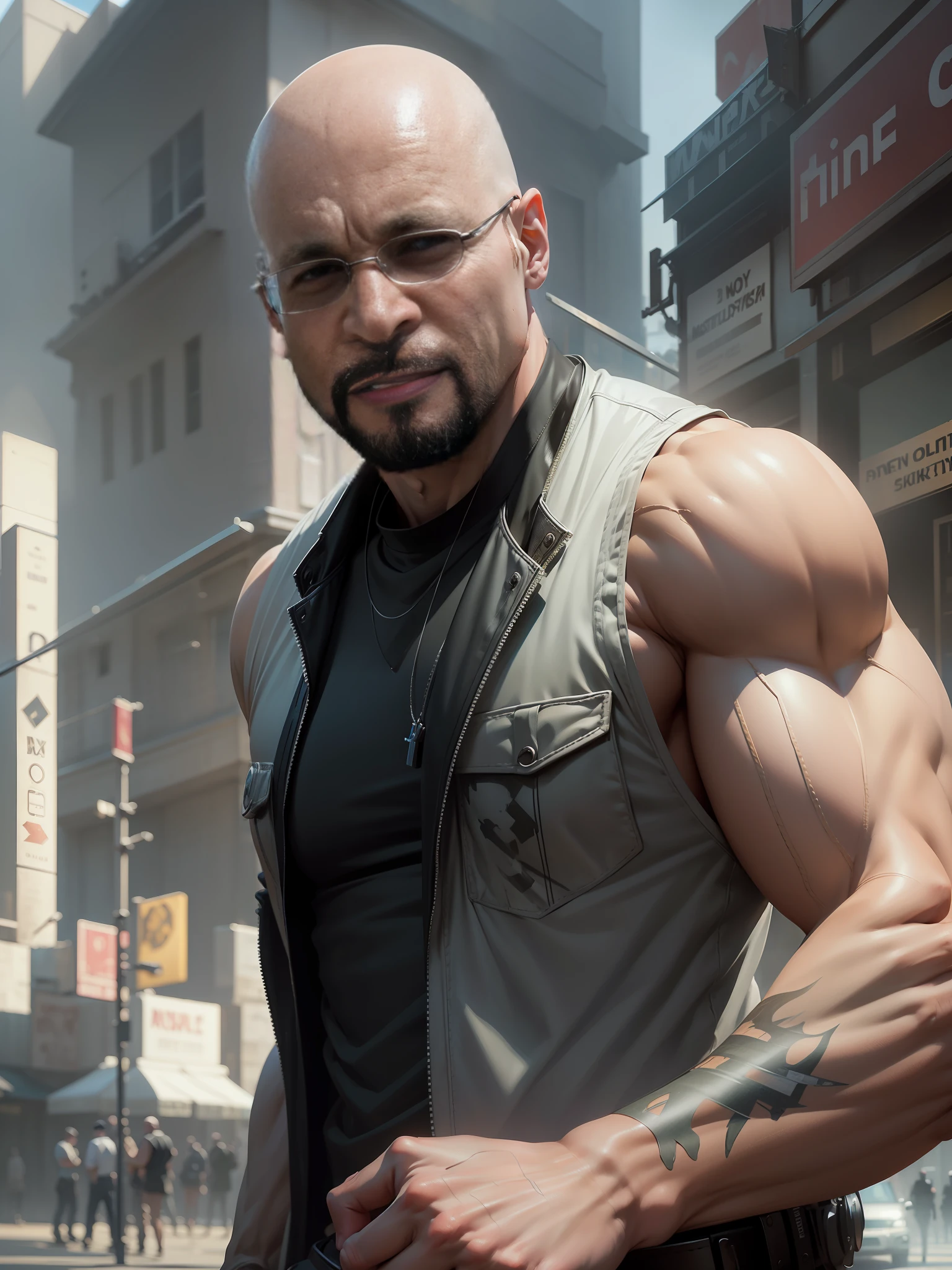 Walter White, (muscular: 1.5), big eyes, (cheeky smile), Gangsta Street, cinematic angle, modelshoot style, (extremely detailed CG unit 8k wallpaper), photo of the most beautiful artwork in the world, majestic professional oil painting by Ed Blinkey, Atey Ghailan, Studio Ghibli, by Jeremy Mann, Greg Manchess, Antonio Moro, trend in ArtStation, trend in CGSociety, Intricate, High Detail, sharp, dramatic focus, photorealistic painting art by Midjourney and Greg Rutkowski, --auto