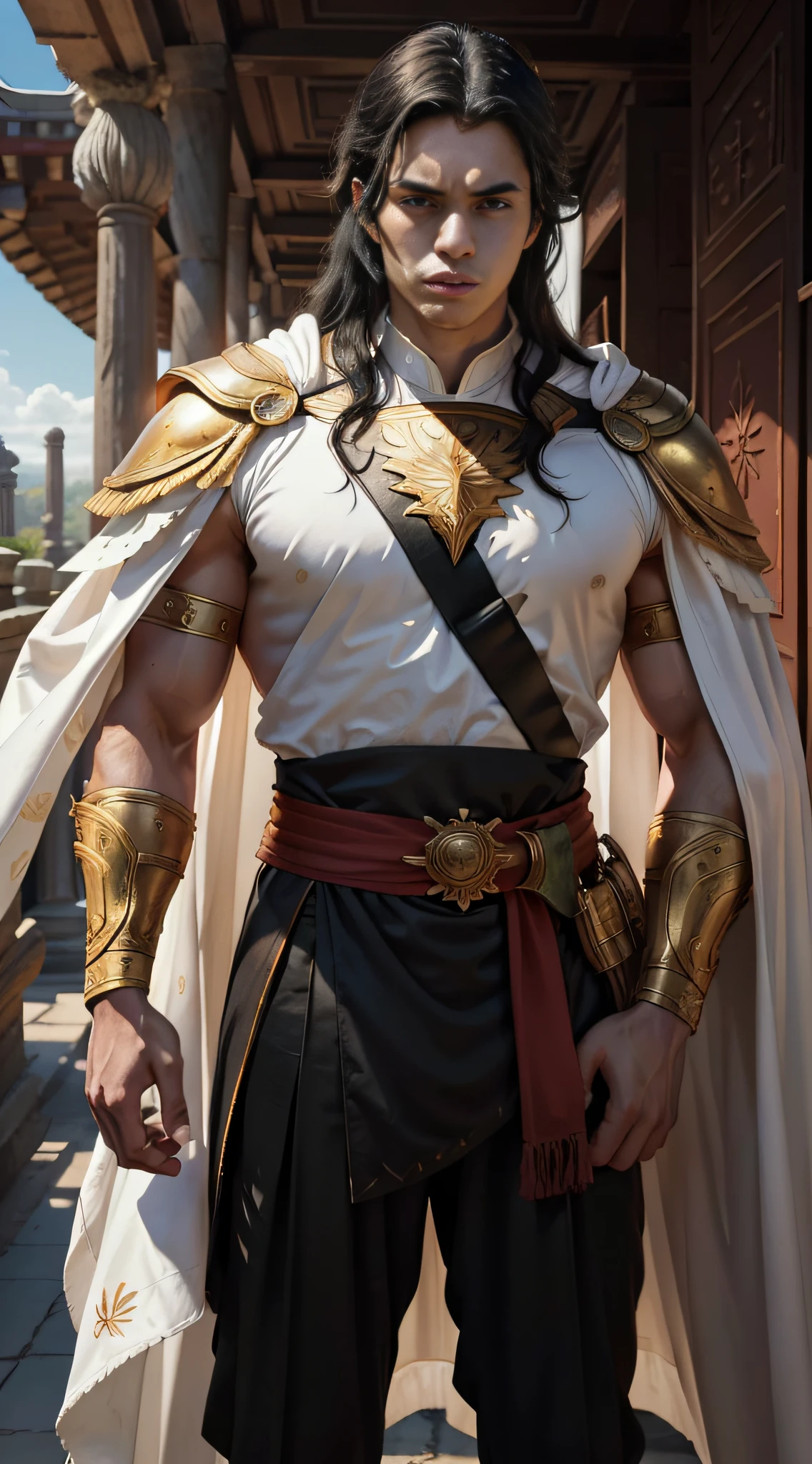 A young man, (((SOLO))), (White skin, long black hair and fastened, tall stature, lean and athletic body, thick eyebrow, square jaw), (wears a golden breastplate with shoulder pads, a white cape, red silk clothes with bird prints), (arms of a red energy sprout in his surroundings), (eyes with red magic), he is in an ancient temple during the day in an imposing posture with his arms crossed and looks stern