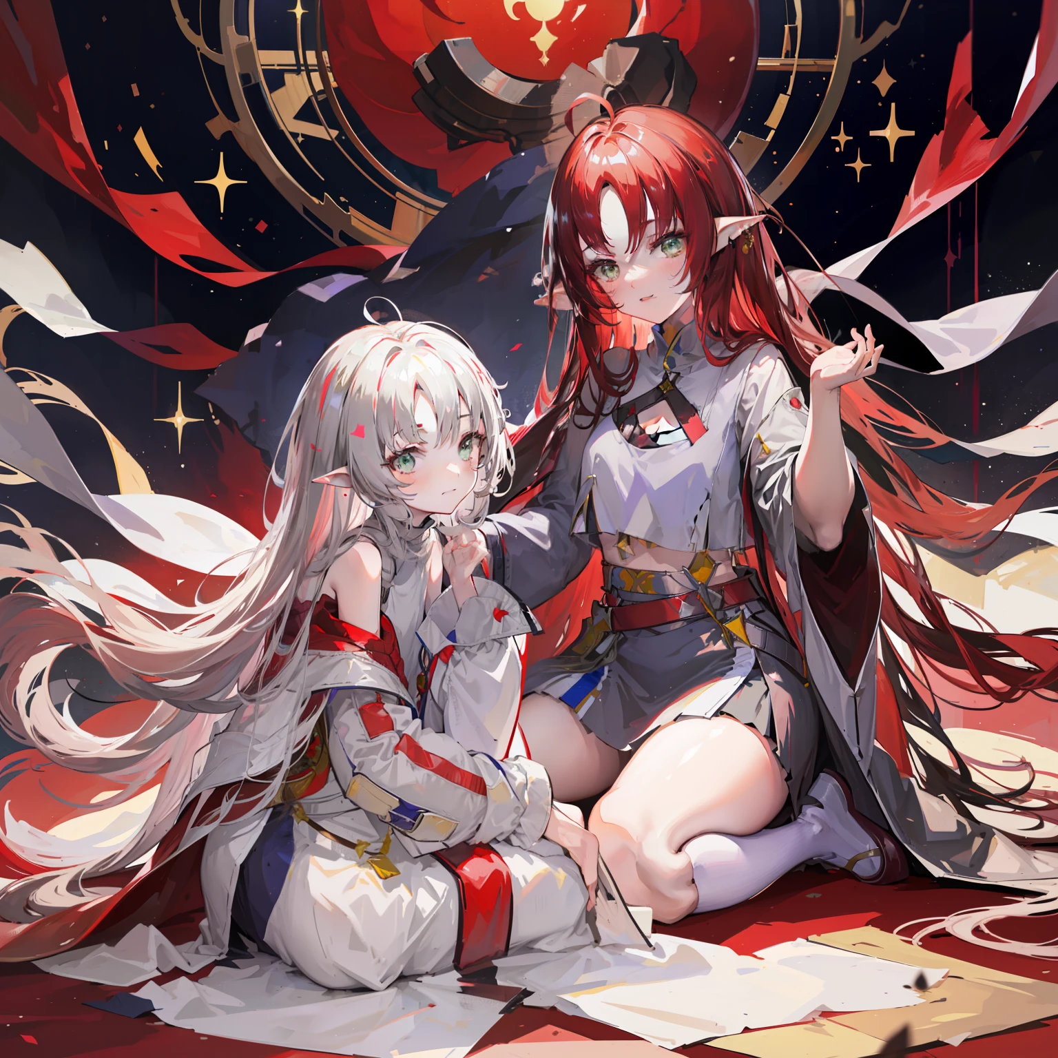 animemanga girl,Sitting on the red carpet,Red background,WLOP and Sakimichan's style,Space Queen,2 beautiful girls,Platinum robes,((a beautiful fantasy empress)), Genshin royal pose,8K high-quality art,Golden-white robe,Lesbian kiss。