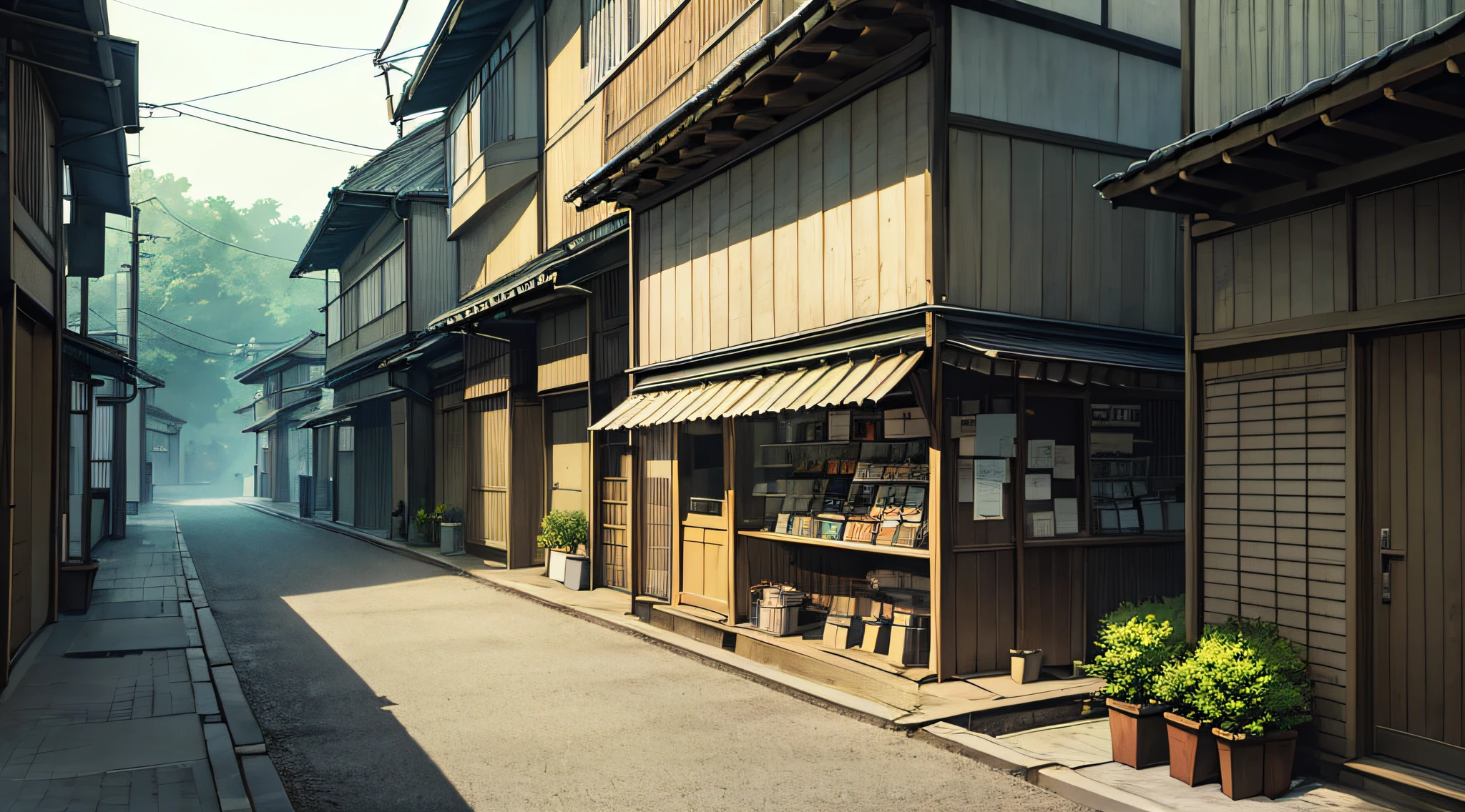 Lonely shopping street、jpn、(early evening:1.2)、((Natural lighting))、Clear focus、(longshot:1.1)、(desolate:1.2)、Studio Ghibli