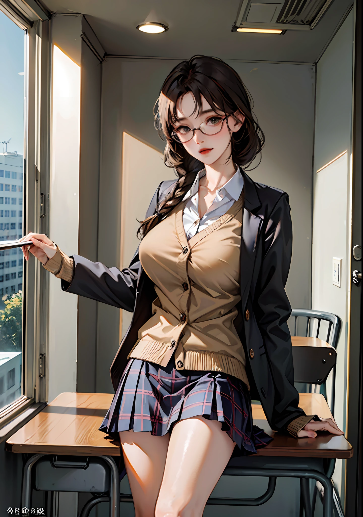 （8K，RAW photos，High light sensitivity，best qualtiy，Very delicate hair，tmasterpiece，超高分辨率，Fidelity：1.25）kr-pny，thin frame glasses，frontage，Double up braid，partedbangs，1girll，校服，Dark gray cardigan jacket，Dark gray blazer，pleatedskirt，Plaid skirts，brown  hair，huge tit，round frame glasses，looking at book，Shy and quiet girl，view from long distance，Hold the book，high school classroom