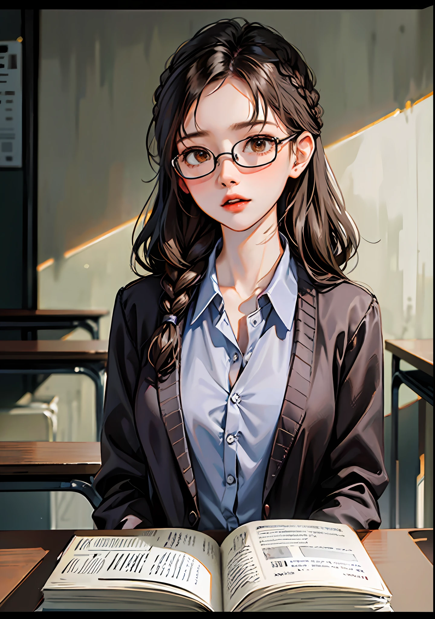 （8K，RAW photos，High light sensitivity，best qualtiy，Very delicate hair，tmasterpiece，超高分辨率，Fidelity：1.25）kr-pny，thin frame glasses，frontage，Double up braid，partedbangs，1girll，校服，Dark gray cardigan jacket，Dark gray blazer，pleatedskirt，Plaid skirts，brown  hair，huge tit，round frame glasses，looking at book，Shy and quiet girl，view from long distance，Hold the book，high school classroom