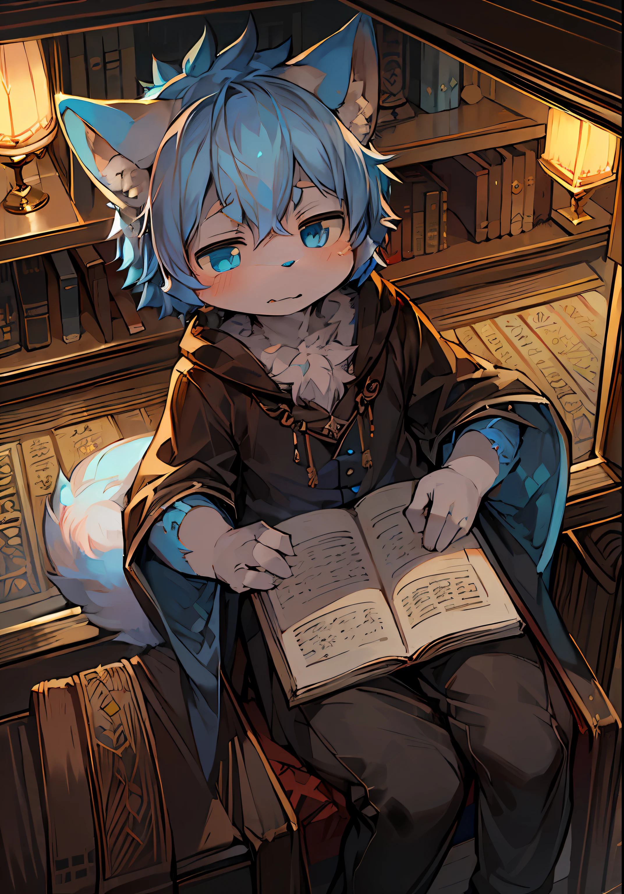 (ambiente dark:0.8),Masterpiece,High quality,abstract res,Digital painting\(artwork of a\), by Dagasi, Yupa,Kiyosan,(anthro,Fluffy fur,Character focus:1.1),anthro male cat,Short hair,Portrait , eyes with brightness,Sit down and write homework ,in a panoramic view, Character focus.(detailedbackground:0.7), 独奏, shaggy, shaggy male, malefocus, anthr,(Full Body Furry, Fluffy tail, light blue furs, Dark blue eyes, blue hairs:1.2), (long canines、The scholar、cloaks:1.2),(interiors、libraryai:1.1)