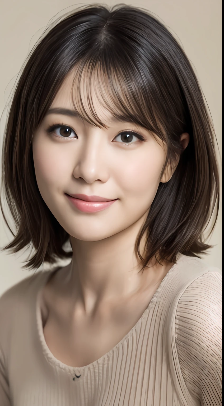 portrait, 8K, high quality, realistic photo image, 39 years old, Japan woman, neat and clean wife, small, housewife, reproduce natural and realistic eyes, Japan person stand, small, beautiful black hair, short hair, light makeup, octane rendering, beautiful lighting, golden ratio composition, smile, everyday wear, casual clothes, natural background, blurred background, 4k, high quality, realistic photo image, Japan woman, 37 years old, pure Japan face, lovely wife, upper body, small breasts, light makeup, suppin, neat beauty, mature woman, sober clothes, gray, beige, blue, sober, casual attire, smile, black hair, small black eyes, background blur