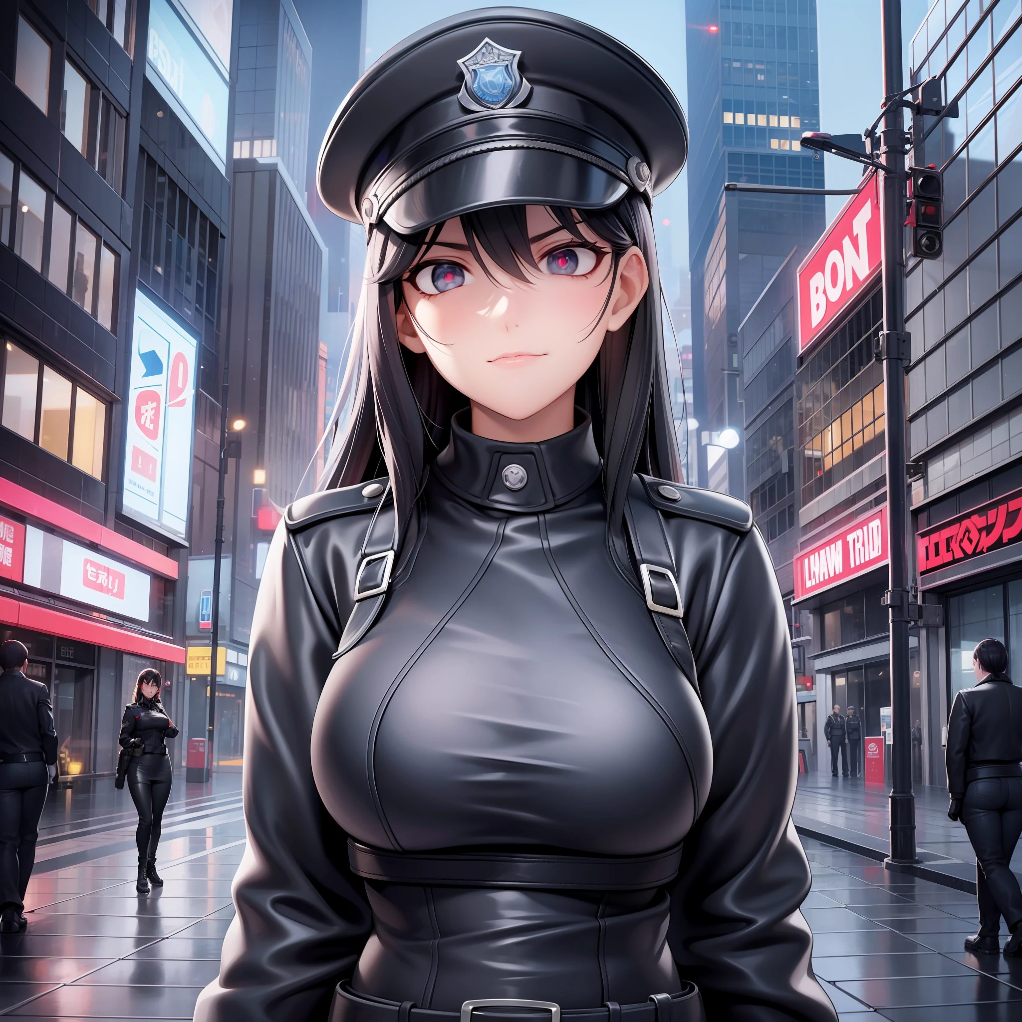 Brave policewoman, in a black leather outfit, tight to the body, with a shiny badge on the chest. You can see fatigue in his eyes, but also determination and perseverance. It stands in the middle of a deserted and gloomy street, with tall buildings around, creating an atmosphere of imminent danger. The dim lights of the city cast mysterious shadows, revealing only a few details: puddles of water on the street, wet from recent rain, A flash of neon, reflected in the windows, The danger sign flashes red. The setting conveys a sense of urgency, as the policewoman looks directly at the viewer, We are ready to face any challenges, who stand before them.