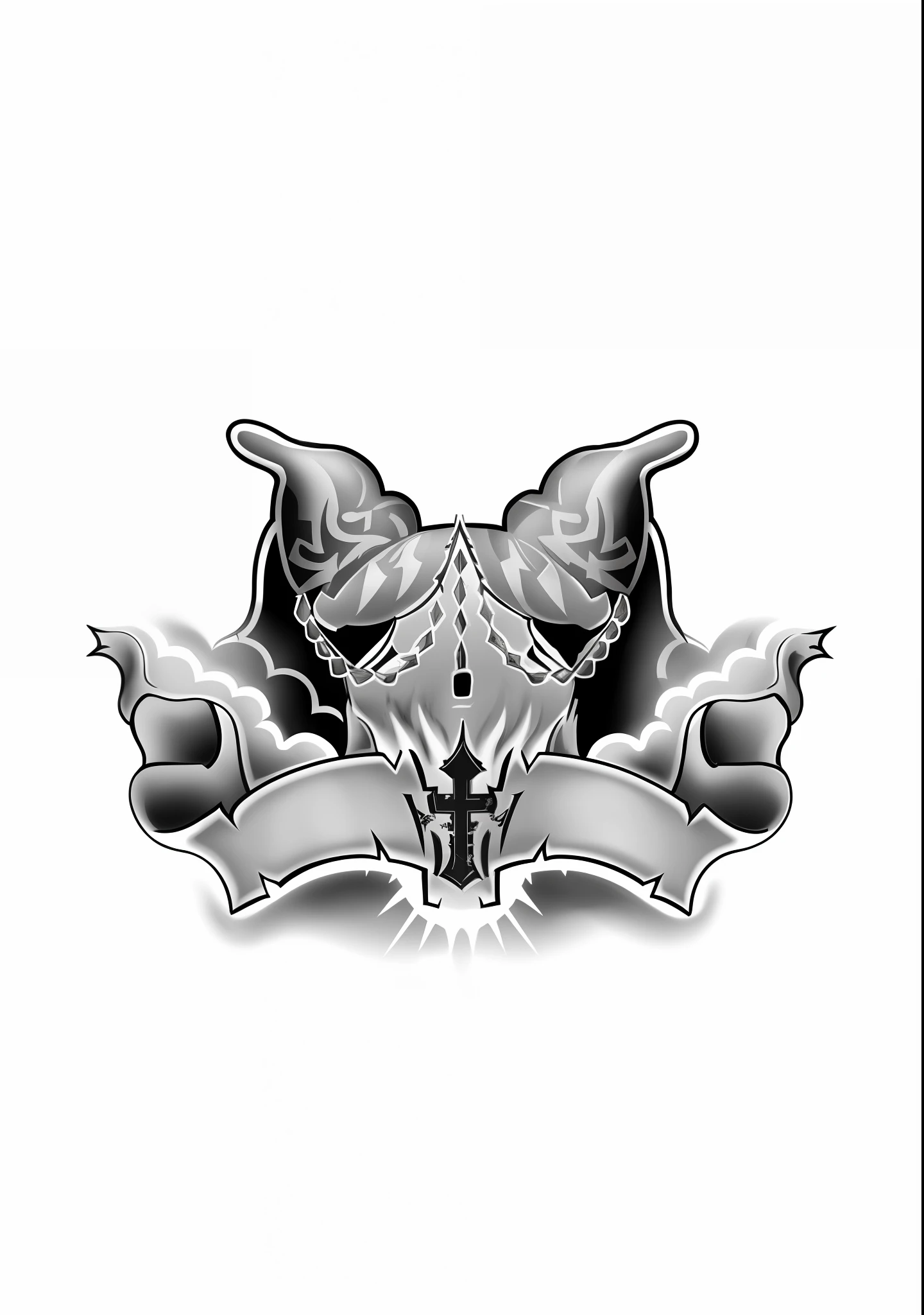 A black and white drawing of a skull,There is a sword and a flag on it, concept tattoo design, tattoo design, Official illustration, tattoo stencil, 3D design of tattoo, high detailed official artwork, Tattoo flash, Black and white ink style, Tattoo graphics, skull design for a rock band, medium sized tattoo sketch, tattoo design sketch, black and grey tattoo style,Realiy,detail-rich,4K