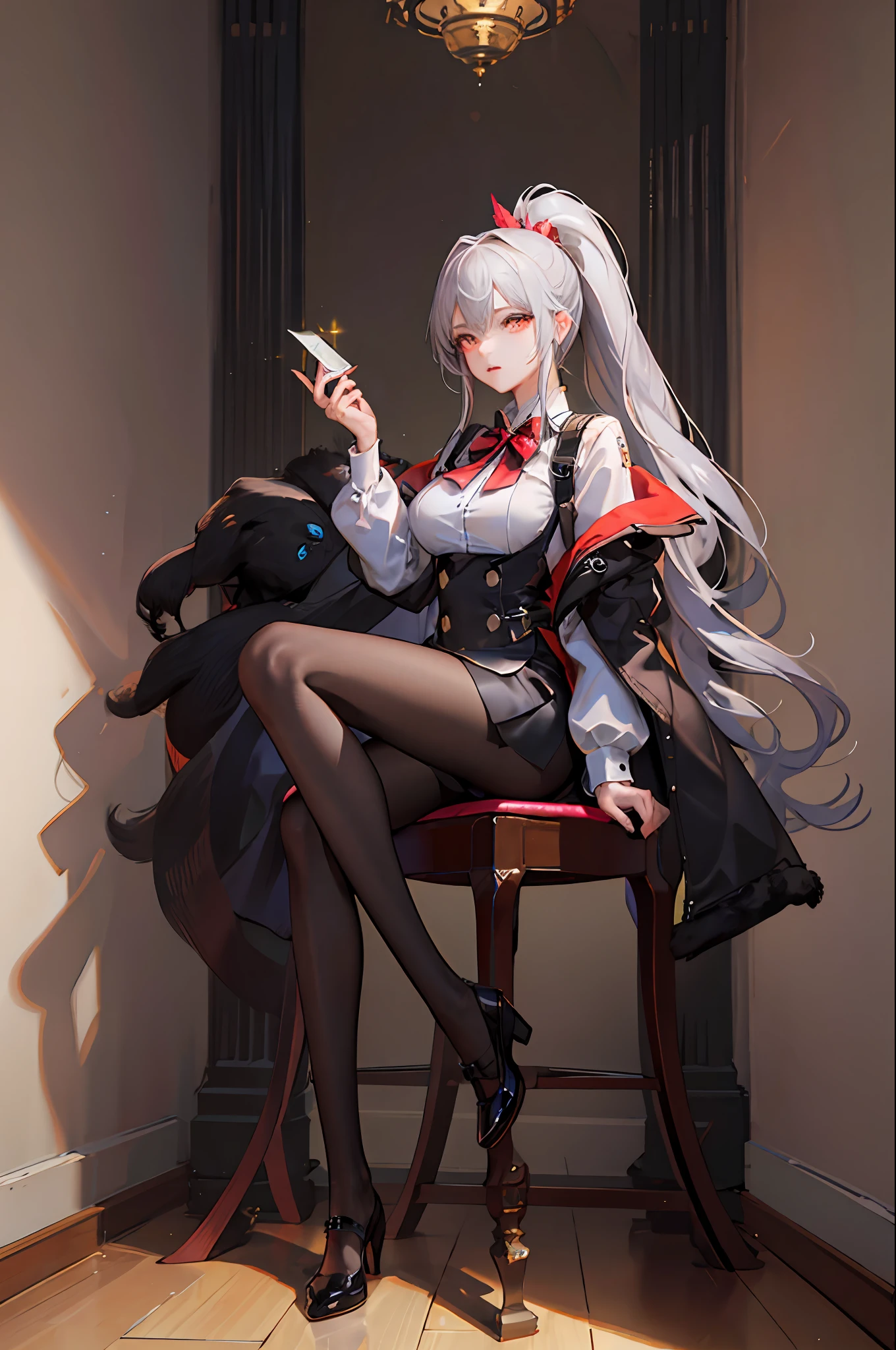 1个Giant Breast Girl!Ray traching,best shadow,A high resolution(dim murky lights)detailedbackground(liveroom)Fluffy silver hair,plump and slender girl,With a high ponytail, avoid golden eyes in the ominous living room(Girl wears white shirt,Black wrinkled skirt,Wear yours with white sheer pantyhose),It shows a delicate and slender figure and beautiful curves,Limbs with correct and reasonable position!Place your hands on your legs,Stand dignified,detail in face!Delicate facial features,Pay attention to the details of the position of the legs!Pay attention to hand details!high high quality!More eligible!Reduce errors,Fine painting,Ultra-detailed CG,The picture is more reasonable!Pay attention to finger details!8k wallpaper,Masterpiece level。