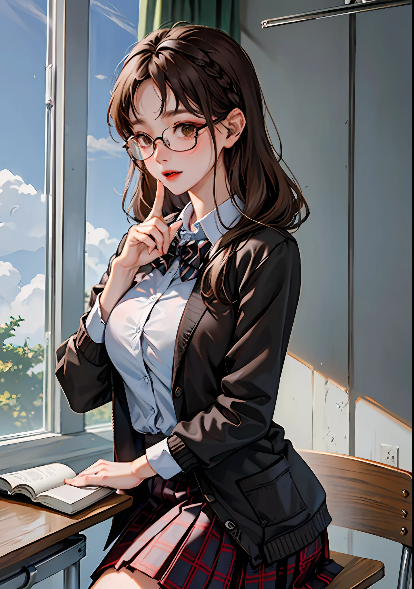 （8K，RAW photos，High light sensitivity，best qualtiy，Very delicate hair，tmasterpiece，超高分辨率，Fidelity：1.25）kr-pny，thin frame glasses，frontage，Double up braid，partedbangs，1girll，校服，Dark gray cardigan jacket，Dark gray blazer，pleatedskirt，Plaid skirts，brown  hair，huge tit，round frame glasses，looking at book，Shy and quiet girl，view from long distance，Hold the book，high school classroom