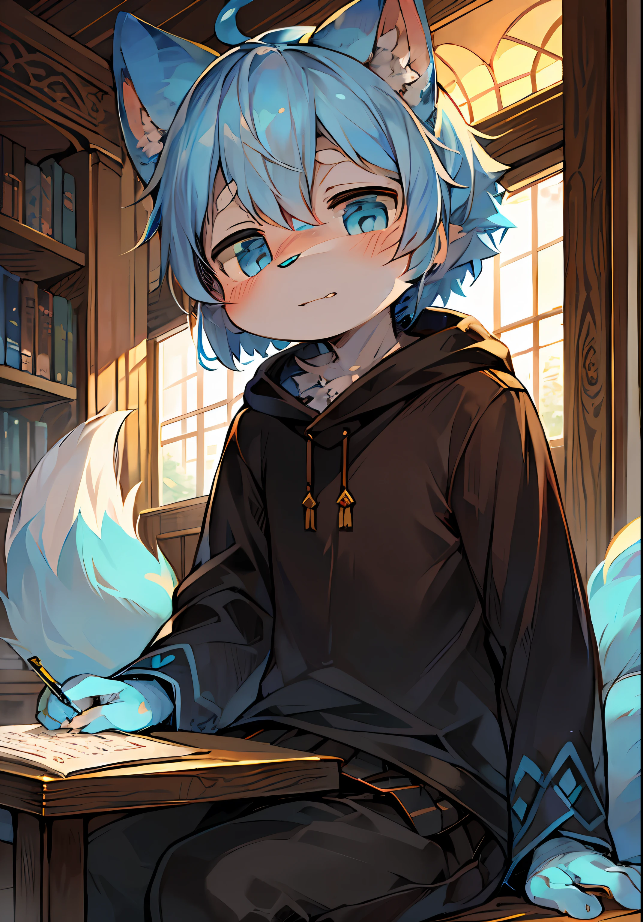 (ambiente dark:0.8),Masterpiece,High quality,abstract res,Digital painting\(artwork of a\), by Dagasi, Yupa,Kiyosan,(anthro,Fluffy fur,Character focus:1.1),anthro male cat,Short hair,Portrait , eyes with brightness,Sit down and write homework ，in a panoramic view, Character focus.(detailedbackground:0.7), 独奏, shaggy, shaggy male, malefocus, anthr,(Full Body Furry, Fluffy tail, light blue furs, Dark blue eyes, blue hairs:1.2), (long canines、The scholar、cloaks：1.2），（interiors、libraryai：1.1）