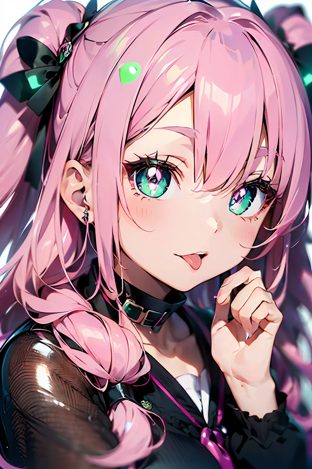 (Stick out your tongue)(index finger on cheek)(((masutepiece))),((ultra-detailliert,Best Quality)),((Pink hair, Long hair,Straight hair,two side up)) (Green eyes),eyeshadows, eye line,gloweyes, ultradetailed eyes, intricate eyes, Beautiful eyes, ((Glowing pink pupils))18-year-old girl.Anna Sui.