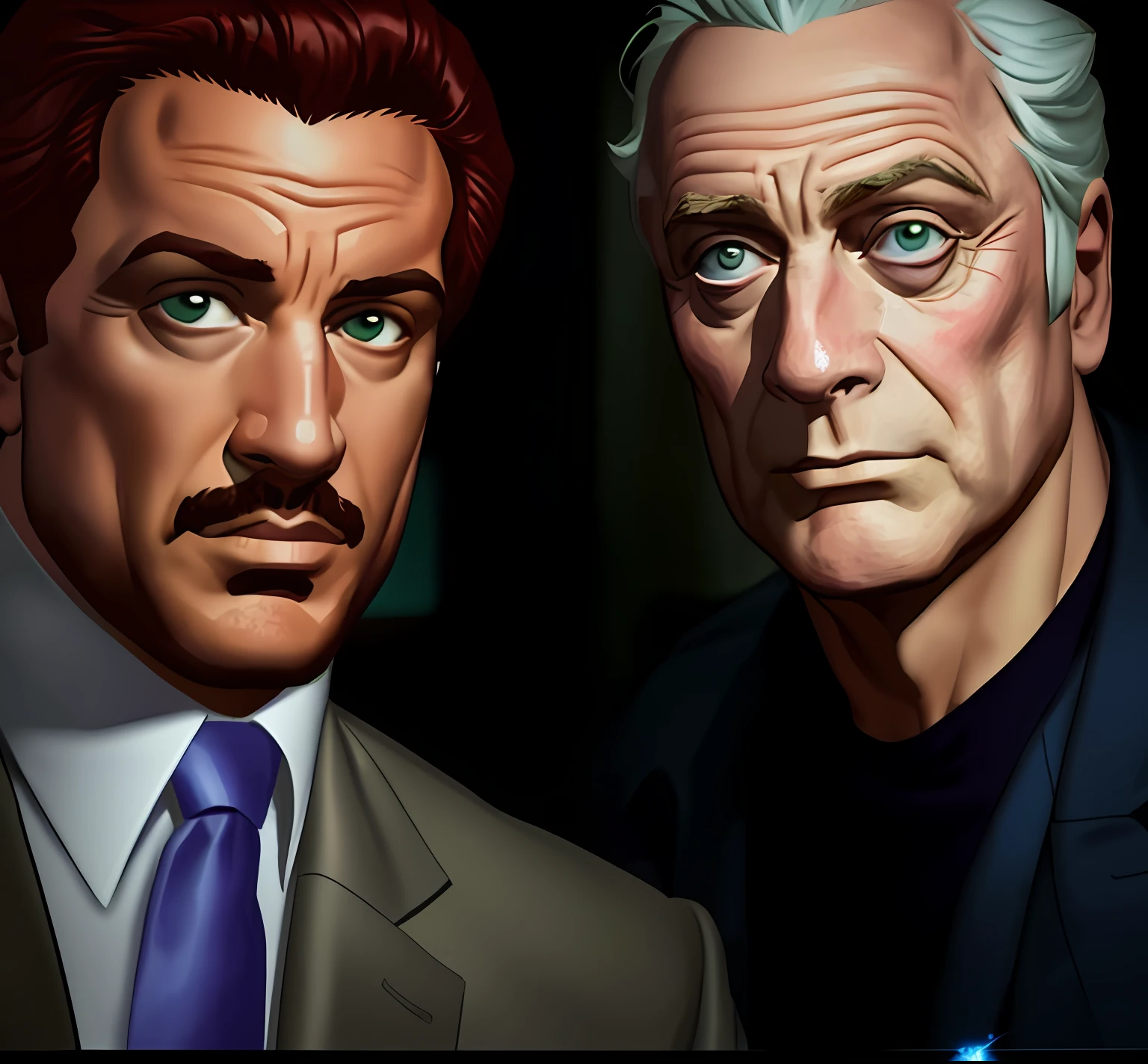 Two men in suits are talking to each other in a dark place, Silvestre Stallone, Michael Caine, cena intensa, filme de alta qualidade ainda, ao ar livre a noite em uma fazenda, fazenda Noturna, particles, Chuva leve, Foco masculino, (cabo de fluxo longo), noite, Chuva, fundo detalhado, (arte de Frank Miller), obra-prima, (realista:1.3), perfect illumination, sombreamento perfeito, (textura realista do tecido), hiper-realista, (fotorrealista:1.5), (comic styled), (((Face of confusion)), surpresos, line art