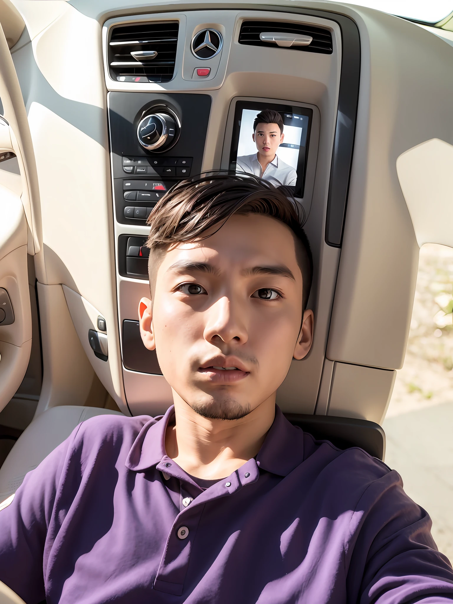 male people，chineseidol，24 years of age，Sit in the driver's seat of a Mercedes-Benz，Expose the steering wheel