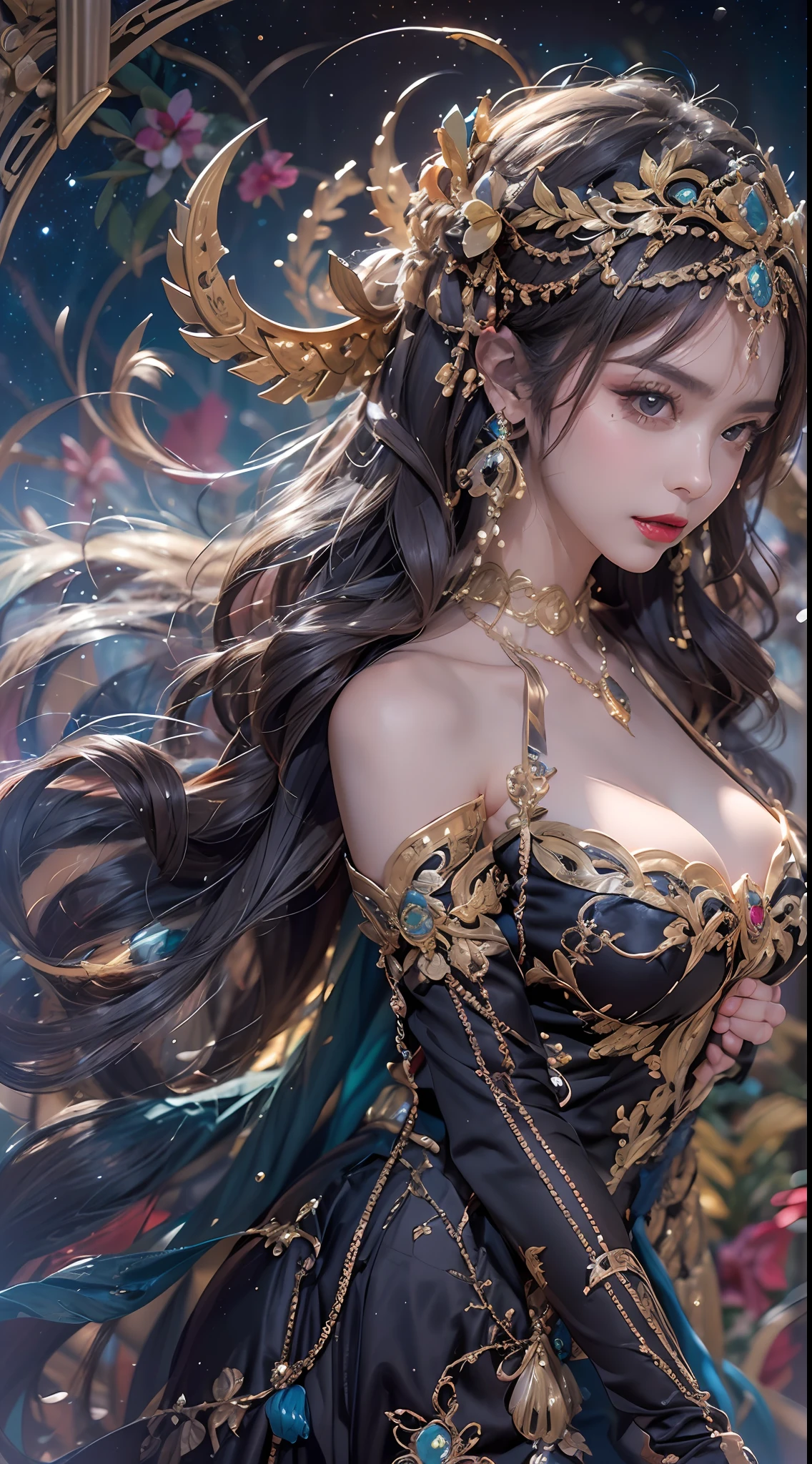 1 zodiac goddess from the future, wearing a thin silk dress, the goddess of the palace is beautiful, the goddess of the zodiac is wearing a colorful thin silk dress with sexy white and black lace trim, the goddess gives off a bow aura vibrant purple-pink zodiac, the stars have the shapes of the 12 zodiac, the goddess of the zodiac in a thin silk dress the golden zodiac with many black details, the mythical goddess of the 12 zodiac , zodiac ♏, royal zodiac style, dark and mysterious version, Full breasts, big and round breasts, well-proportioned and beautiful red lips, character by karol bak and pino daeni, intricate details, detailed background, many background objects, extremely detailed, magic light, a woman, long hair dyed in seven colors and neatly tied up, mold the face is clearly drawn without scars, the face is beautiful and the eyes are proportionate, the red lips are pretty and attractive, the eyes are big and round and the makeup is very beautiful and detailed, far focus, thin silk dress ,page hair jewelry, neck jewelry, dress jewelry, arm and thigh jewelry, goddess leg jewelry, mystic jewelry, body portrait, drooping arms, sexy zodiac goddess and charm, (background space: 1.8), (galaxy: 1.7), aurora, lightning, (aurora background: 1.8 ), beautiful eyes, beautiful eyes photo, beautiful goddess and flowers,