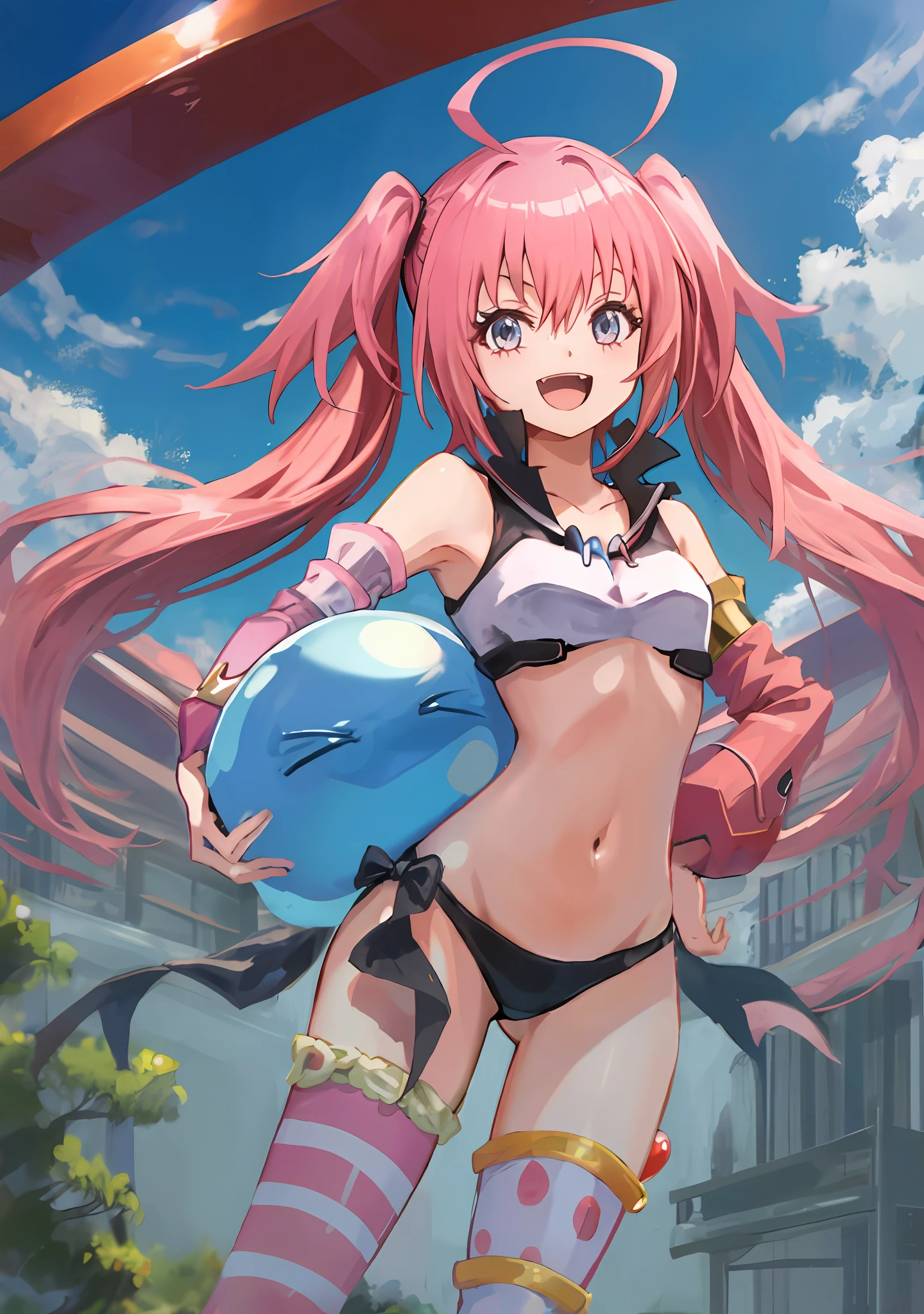 masterpiece, milim nava, tensei shitara slime datta ken, solo, :d, big smile, fang, sidelocks, pink hair, long hair, navel, asymmetrical legwear, bangs, best quality, outdoor, [focus]