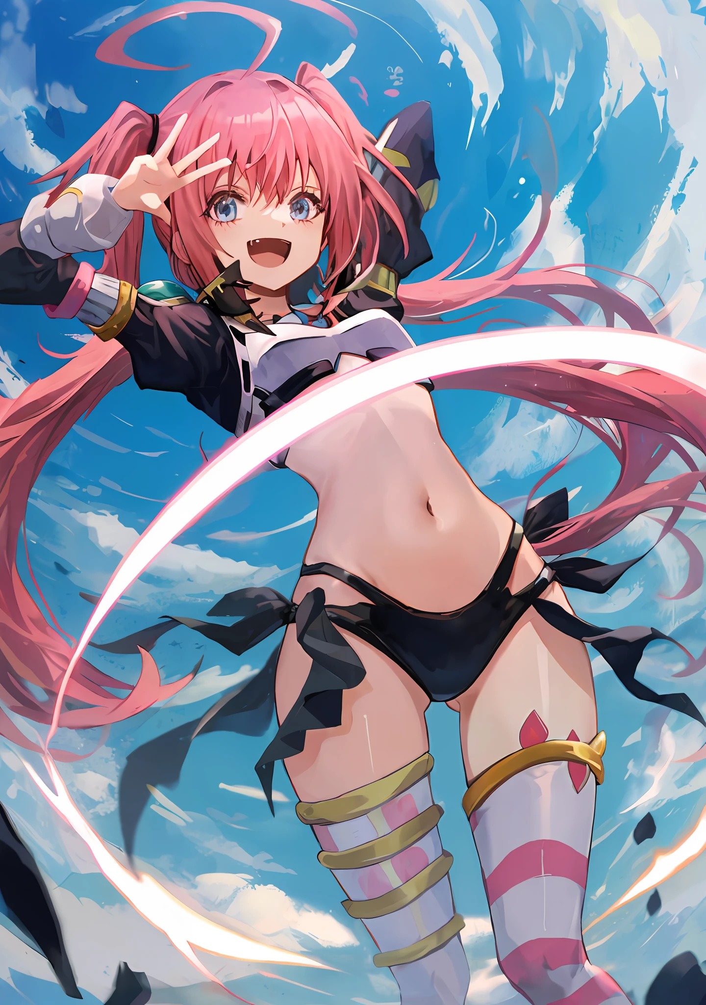 masterpiece, milim nava, tensei shitara slime datta ken, solo, :d, big smile, fang, sidelocks, pink hair, long hair, navel, asymmetrical legwear, bangs, best quality, outdoor, [focus]