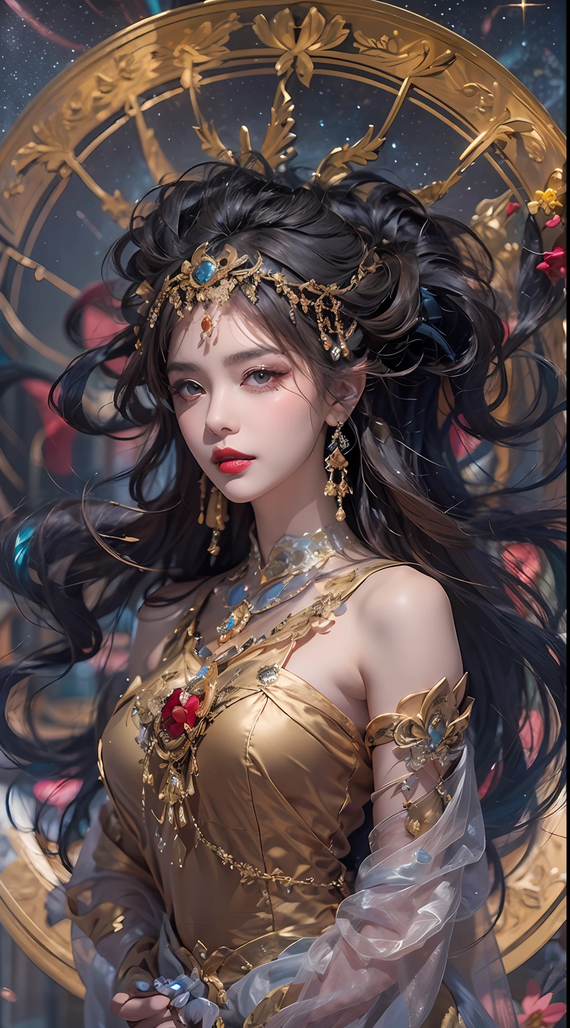 1 zodiac goddess from the future, wearing a thin silk dress, the goddess of the palace is beautiful, the goddess of the zodiac is wearing a colorful thin silk dress with sexy white and black lace trim, the goddess gives off a bow aura vibrant purple-pink zodiac, the stars have the shapes of the 12 zodiac, the goddess of the zodiac in a thin silk dress the golden zodiac with many black details, the mythical goddess of the 12 zodiac , zodiac ♏, royal zodiac style, dark and mysterious version, Full breasts, big and round breasts, well-proportioned and beautiful red lips, character by karol bak and pino daeni, intricate details, detailed background, many background objects, extremely detailed, magic light, a woman, long hair dyed in seven colors and neatly tied up, mold the face is clearly drawn without scars, the face is beautiful and the eyes are proportionate, the red lips are pretty and attractive, the eyes are big and round and the makeup is very beautiful and detailed, far focus, thin silk dress ,page hair jewelry, neck jewelry, dress jewelry, arm and thigh jewelry, goddess leg jewelry, mystic jewelry, body portrait, drooping arms, sexy zodiac goddess and charm, (background space: 1.8), (galaxy: 1.7), aurora, lightning, (aurora background: 1.8 ), beautiful eyes, beautiful eyes photo, beautiful goddess and flowers,