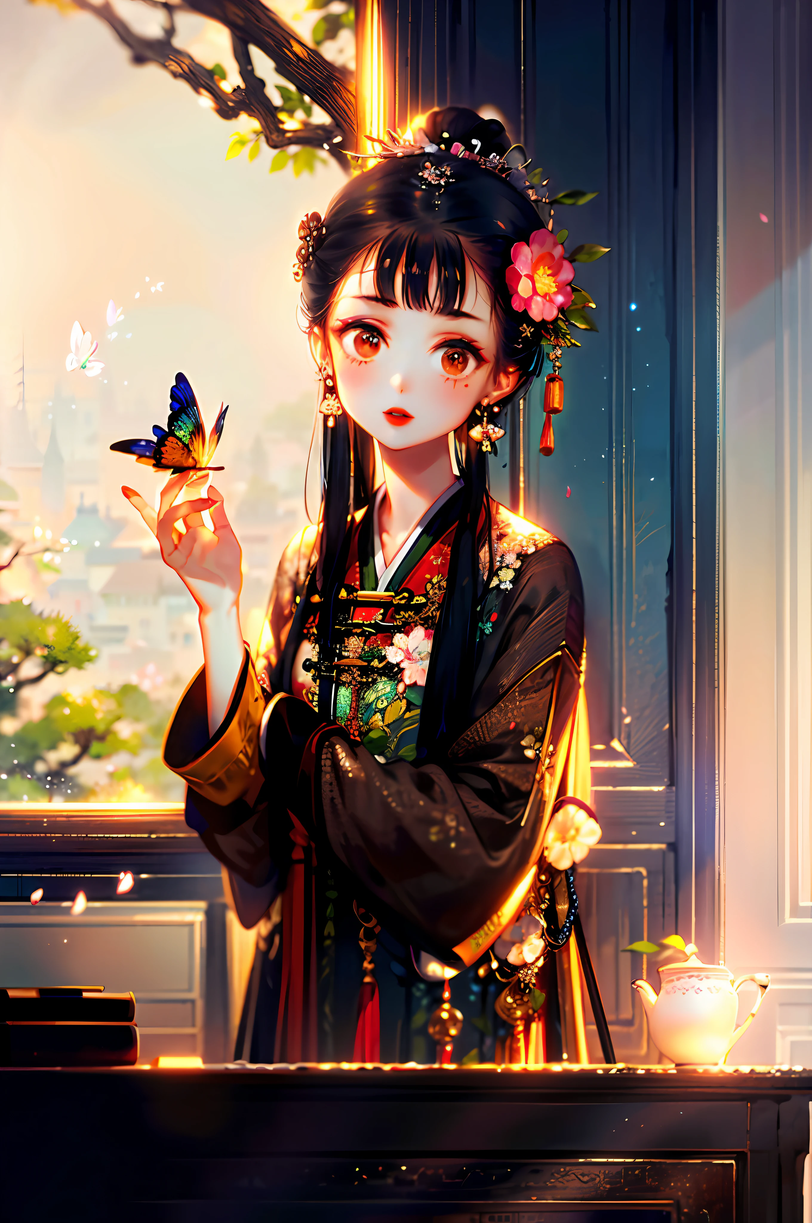 masterpiece, best quality, extremely detailed, detailed background, detailed face, hanfu, 1girl, chinese clothes, hair ornament, flower, long hair, solo, hair flower, window, lattice, from outside, long sleeves, black hair, hair bun, wide sleeves, petals, jewelry, pink flower, butterfly, branch, bug, earrings, looking at viewer, indoors, upper body, hands up, red lips, facial mark, makeup, glowing, light particles, light rays, atmospheric lighting