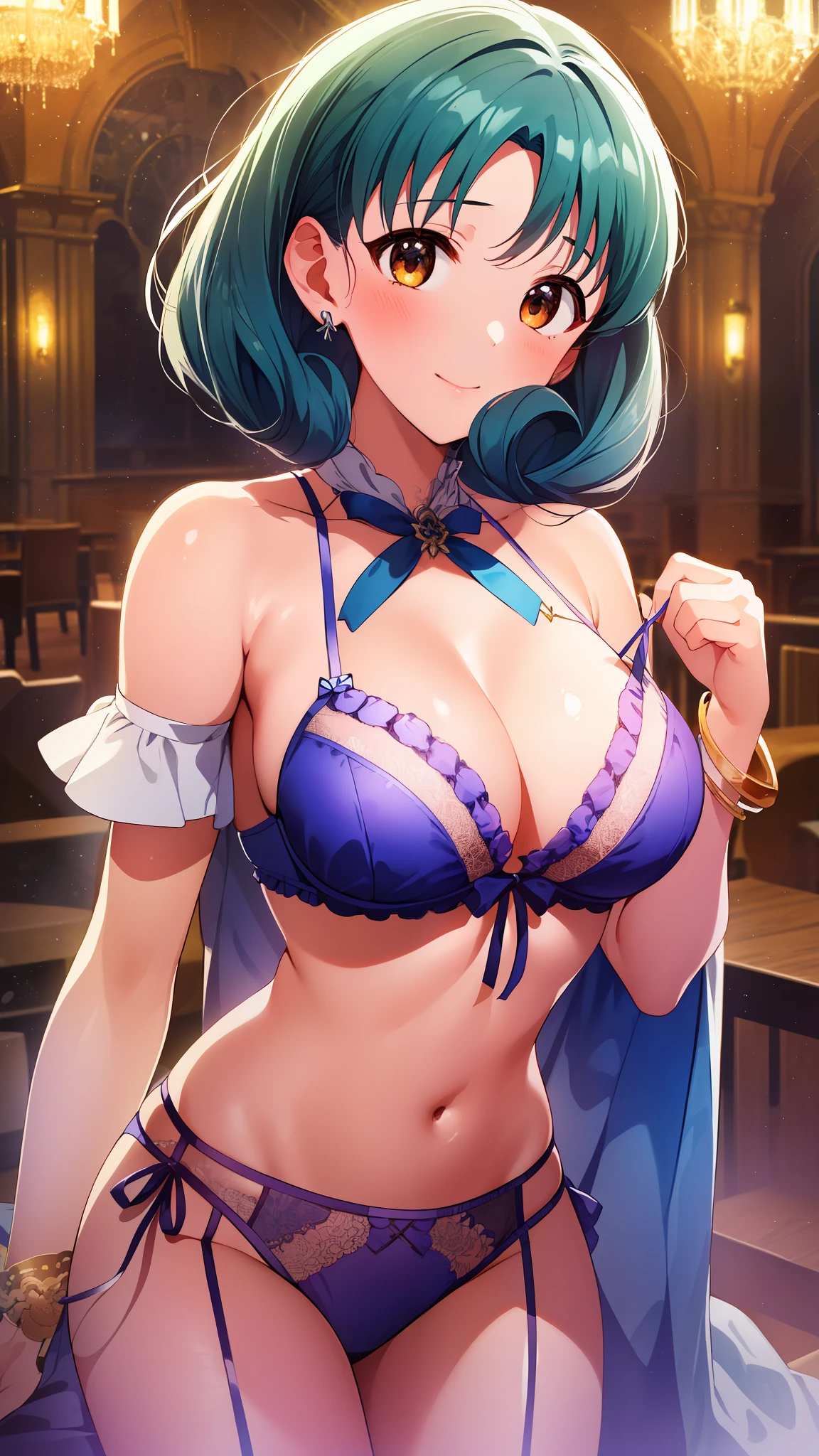 Tokugawa Matsuri, 1girl in, 独奏, see the beholder, a navel, cleavage of the breast, jewely, middlebreast, undergarment, Blue Lingerie, A bracelet,  Ruffled Lingerie,  (​masterpiece, top-quality, hight resolution:1.4),