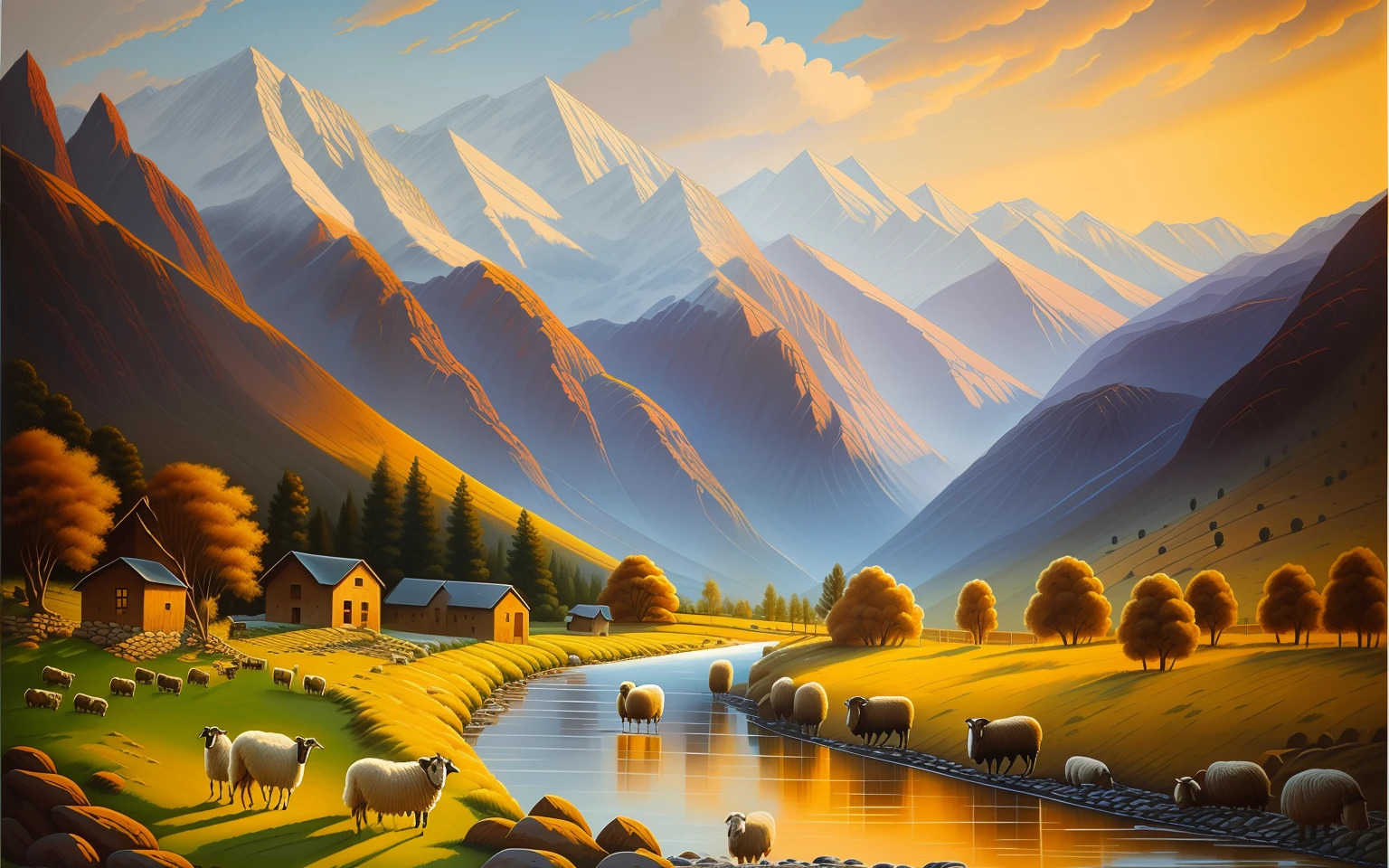Landscape painting dry brush , shepherd with sheeps,mountains,river,cozy