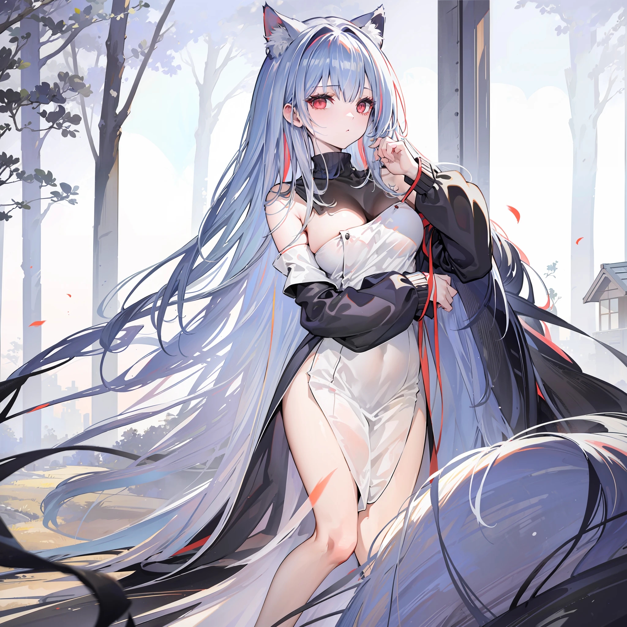 whaite hair,Red eyes,long whitr hair,Black sweater,Cat lady,Extremely detailed CG quality,Best light and shadow performance,Frivolous posture,Fresh and natural scene,large grassland,A gentle breeze,waves crashing,Light and shadow interlace,An exquisite and moving adventure。
Bare chest and shoulders