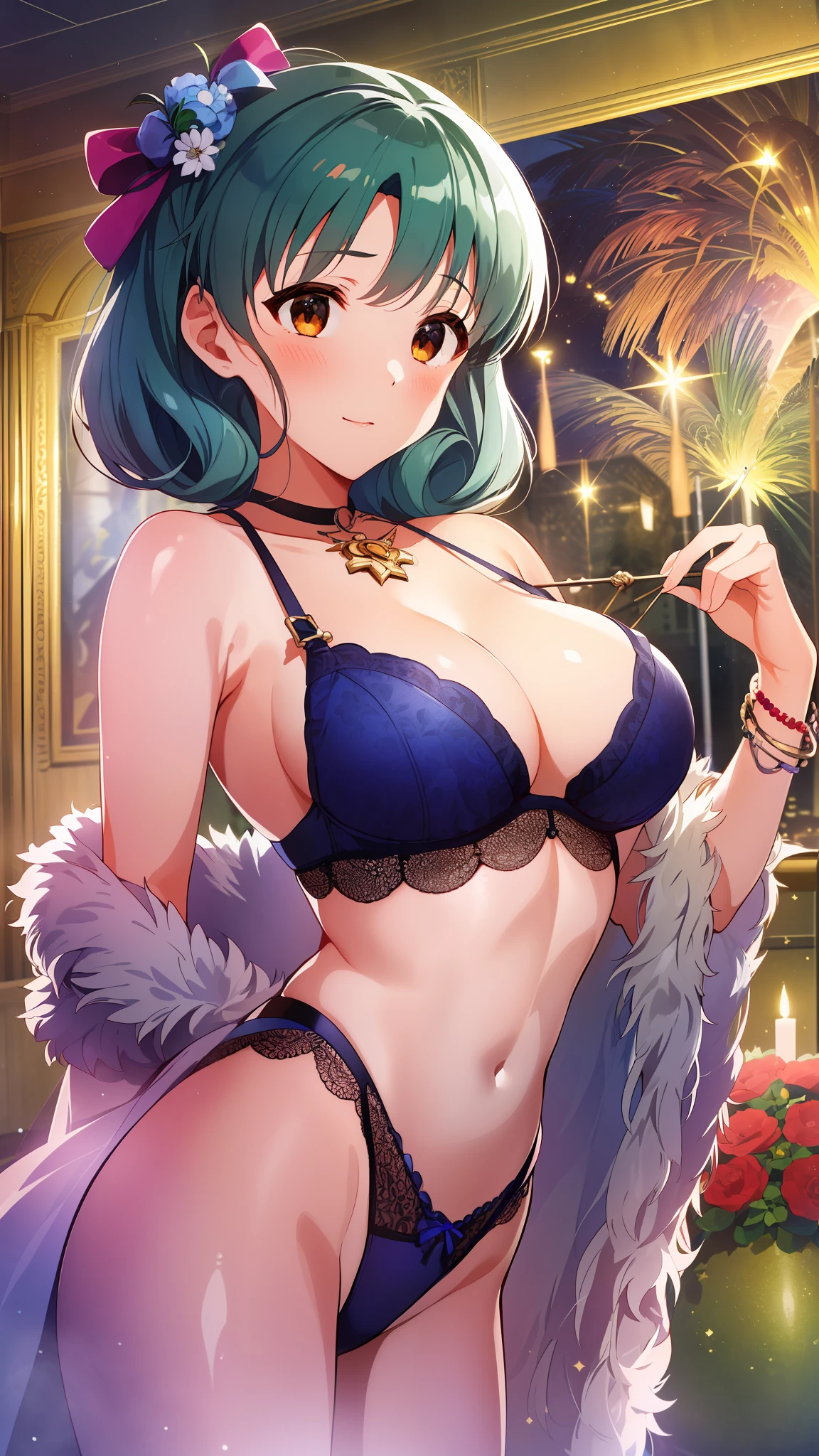 Tokugawa Matsuri, 1girl in, 独奏, see the beholder, a navel, cleavage of the breast, jewely, middlebreast, undergarment, Blue Lingerie, A bracelet,  Ruffled Lingerie,  (​masterpiece, top-quality, hight resolution:1.4),