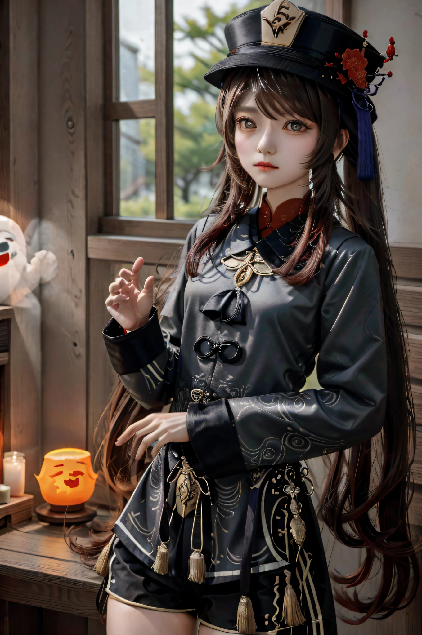 masterpiece, best quality,
1girl, hu tao (genshin impact), boo tao,hat, red eyes, twintails, brown hair, solo, symbol-shaped pupils, long hair,bangs, black shorts , chinese clothes,