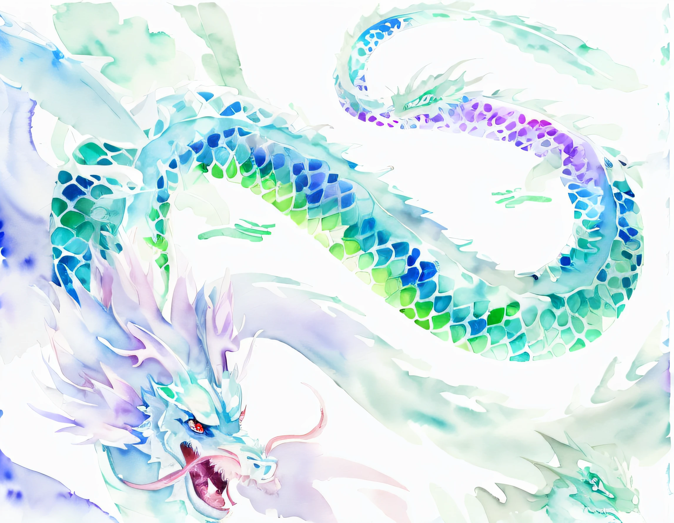 (Watercolor touch:1.3), Oriental dragon、(clear and clean eyes:1.3)、cyan chinese dragon fantasy,(the mane is lilac:1.4),(The fuselage has an emerald green color scheme:1,4)) majestic japanese dragon, chinese dragon concept art, Chinese Dragon, smooth chinese dragon, dragon art, colossal dragon as background, Chinese mythology, chinese watercolor style,