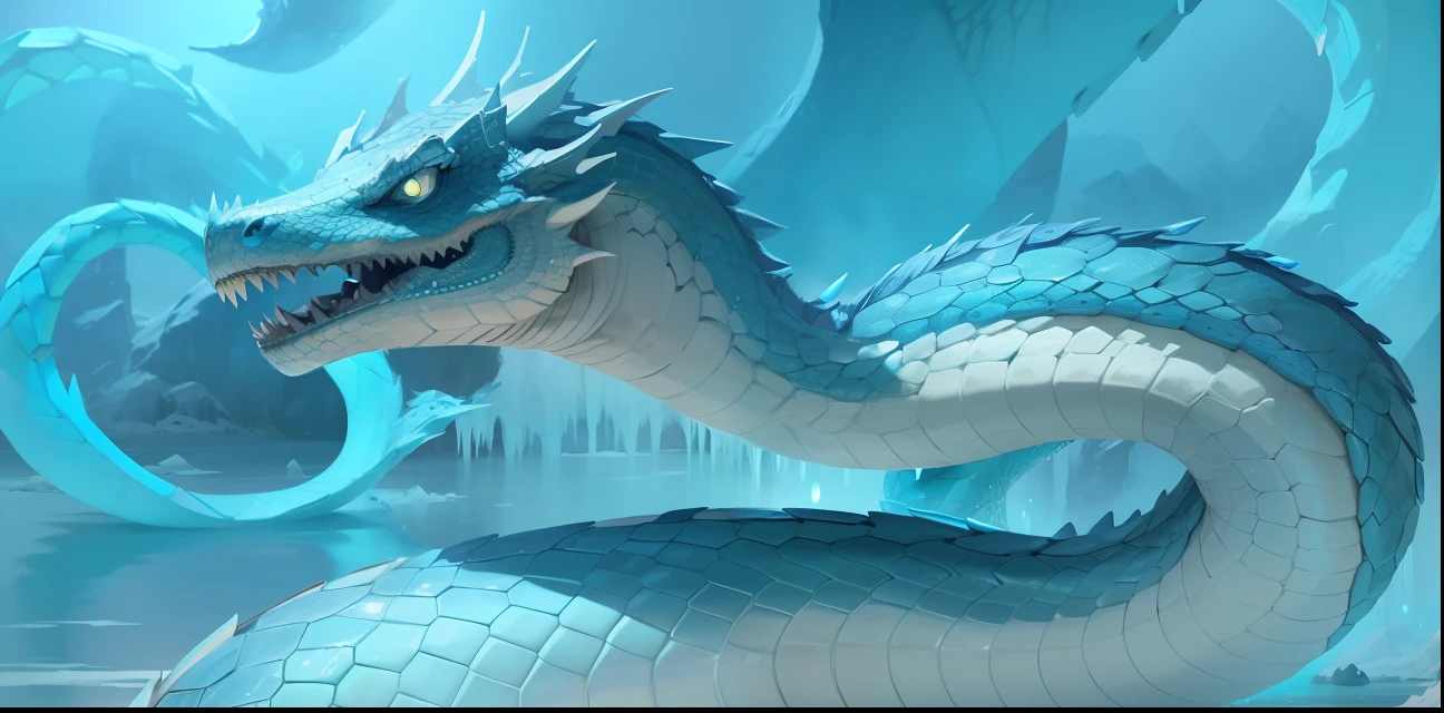 there is 1 blue serpent with a long neck and a big mouth, frost serpent, jormungandr, blue scaled serpent, serpentine water monster, ice serpent, ice dragon, swamp monster of ice, ice as background, fenrir, cyan, ice dragon with no legs, furry fluffy iridescent dragon --auto