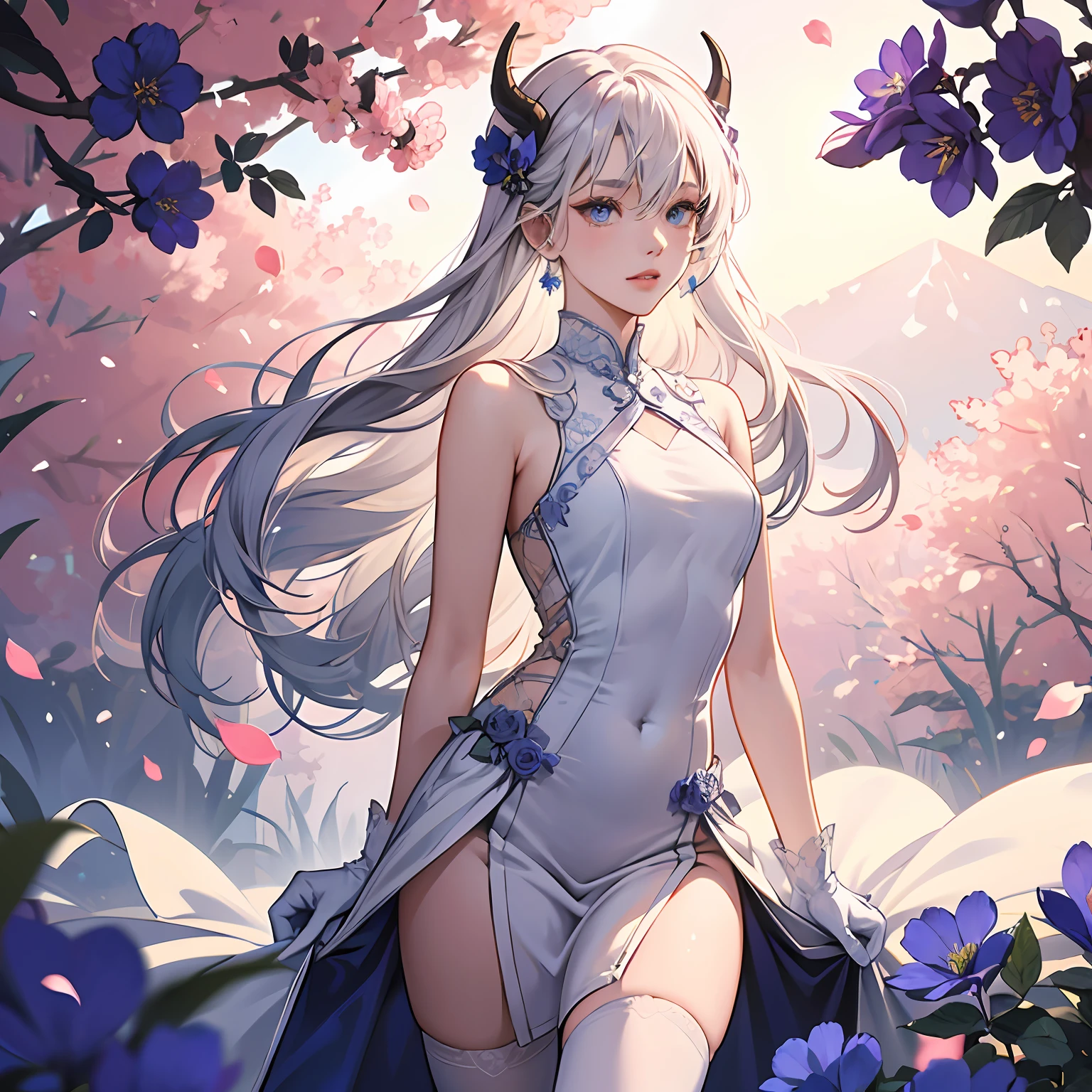 best qualtiy，tmasterpiece，超高分辨率，（realisticlying：1.4）1girll，face，Detailed skins，Extremely large，der riese，immensity，Extremely large，der riese，Overlooking，bblurry，realisticlying，cparted lips， white thighhighs, arms back behind,Bare arms, Closed mouth, groin, hair between eye, hair adornments, Hair horns, Very long hair, Large breasts， Outdoors