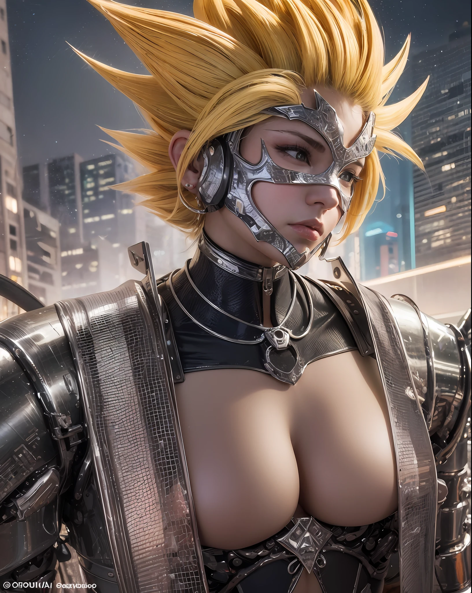 Goku ultra realistic real-world version, pele humana real trincada, rabo, energia saindo do corpo, cabelo voando com raios de energia, cabelo de fogo, Amazing image, mythological style, cabelo grande de cor branco, corpo musculoso, Cyberpunk style mask, olhos amarelos, wearing an ultra-futuristic cybernetic armor. Fotografia ultra realista e detalhada.
