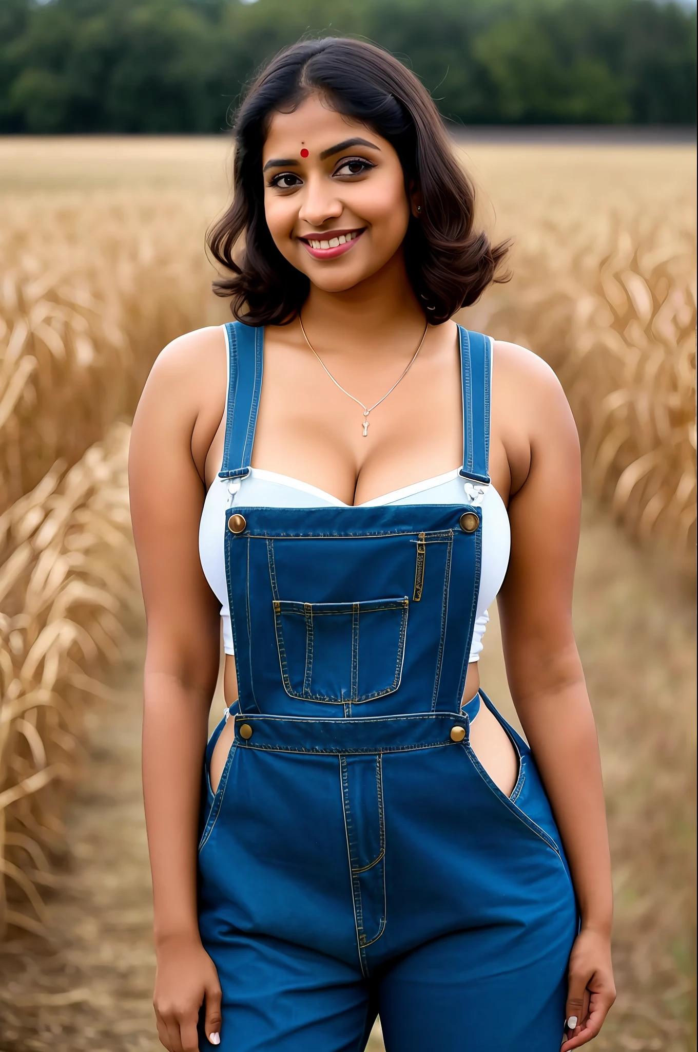 Indian woman, face, (portrait:1.2), long shot, (dark:1.1), (night:1.1), (dusk:1.1), 1970s, (70s hair:1.1), colorful_makeup, barn, cornfield, (mysterious:1.3), moody, (farmer:0.8), (rim lighting:1.1), (scarecrow:1.0), (smirk:1.2), (denim overalls:1.2),
High detail RAW color Photo, eos, 8k high definition, highest quality, fuji, kodak, (50mm:1.1) (photorealistic:1.2), bright lighting, outdoors,(dark skin:1.2), (busty, curvy:1.3), (anatomically correct:1.3), deep cleavage